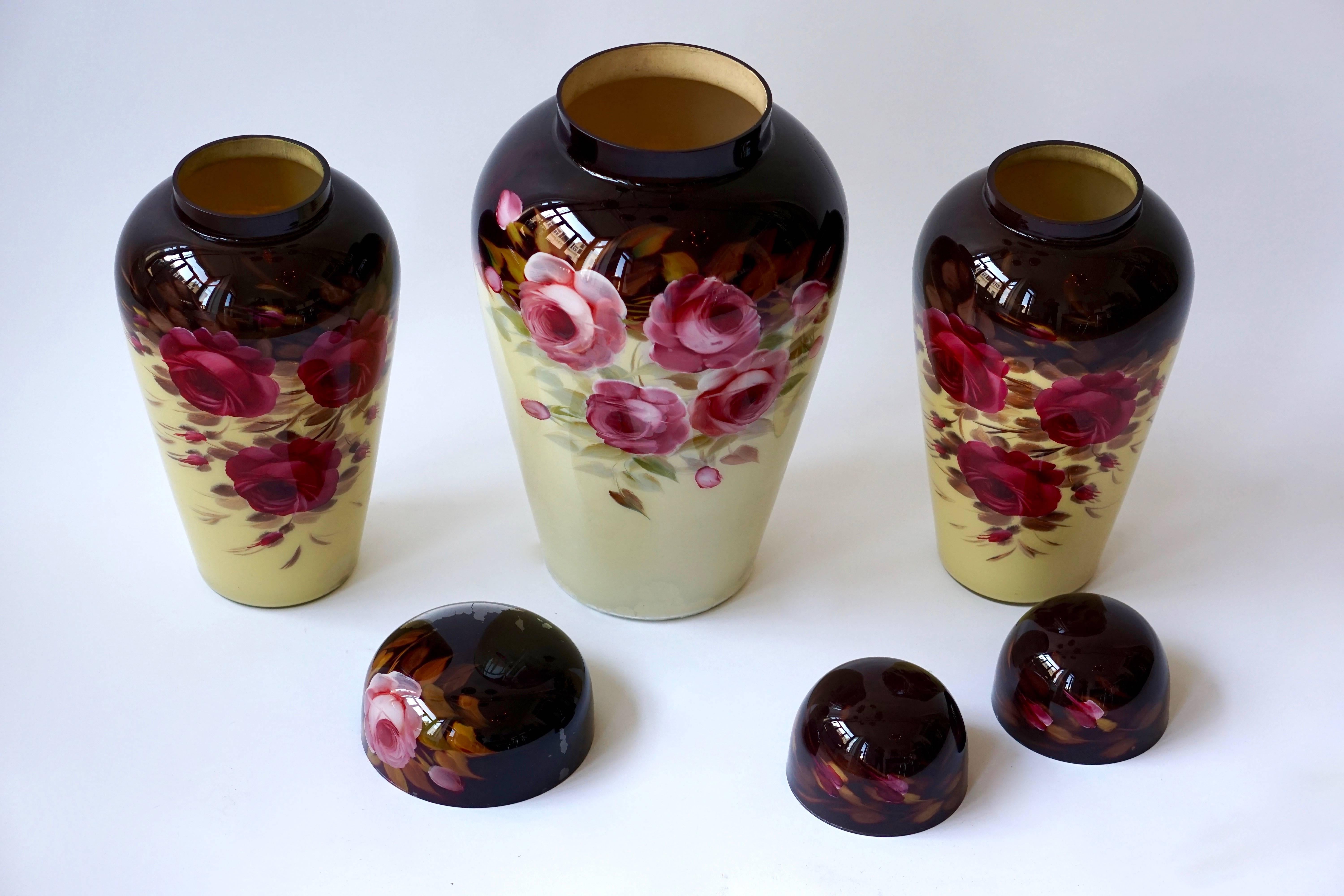 Italian Set of Three Floral Glass Art Deco Vases For Sale