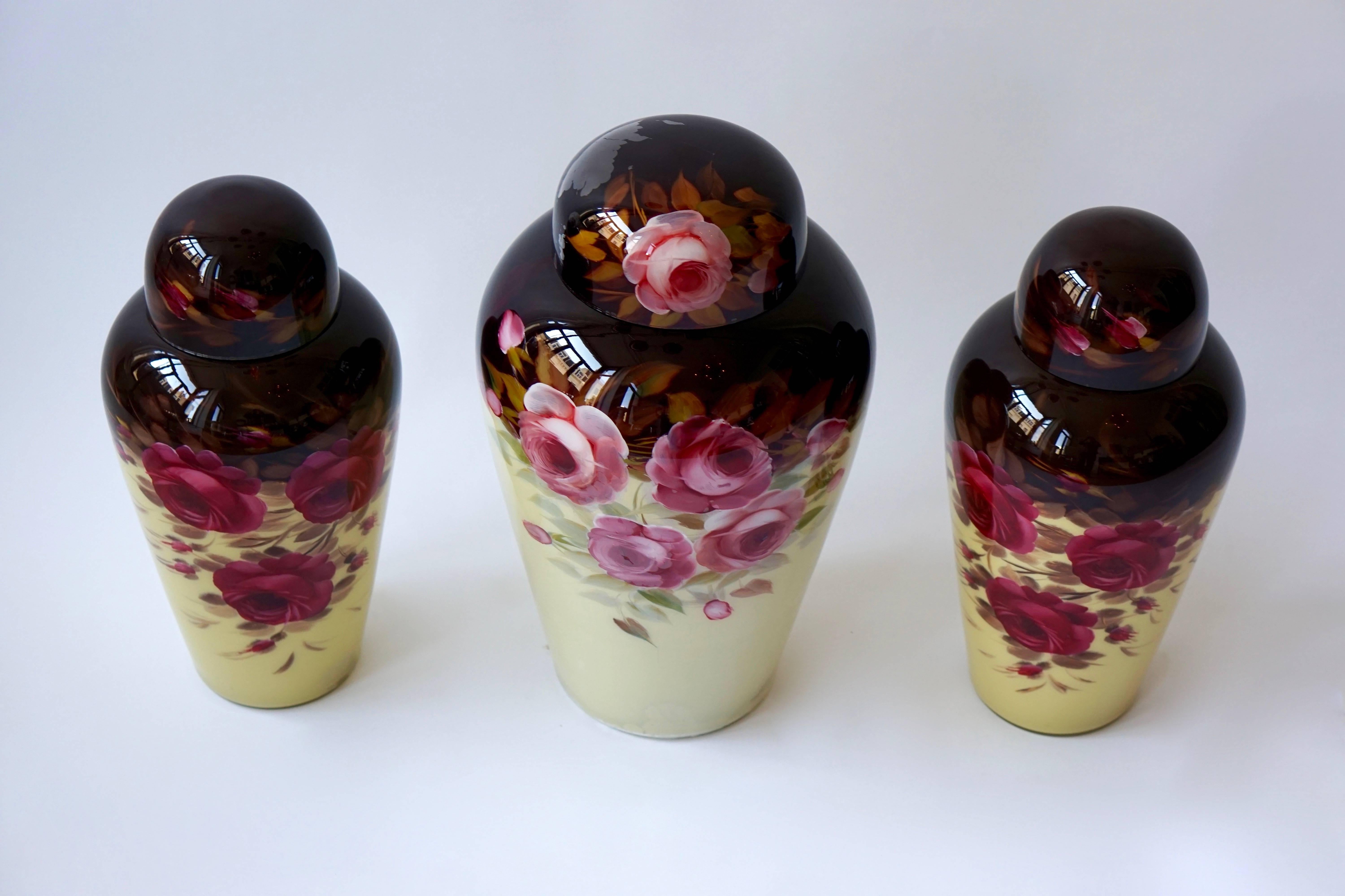 Early 20th Century Set of Three Floral Glass Art Deco Vases For Sale