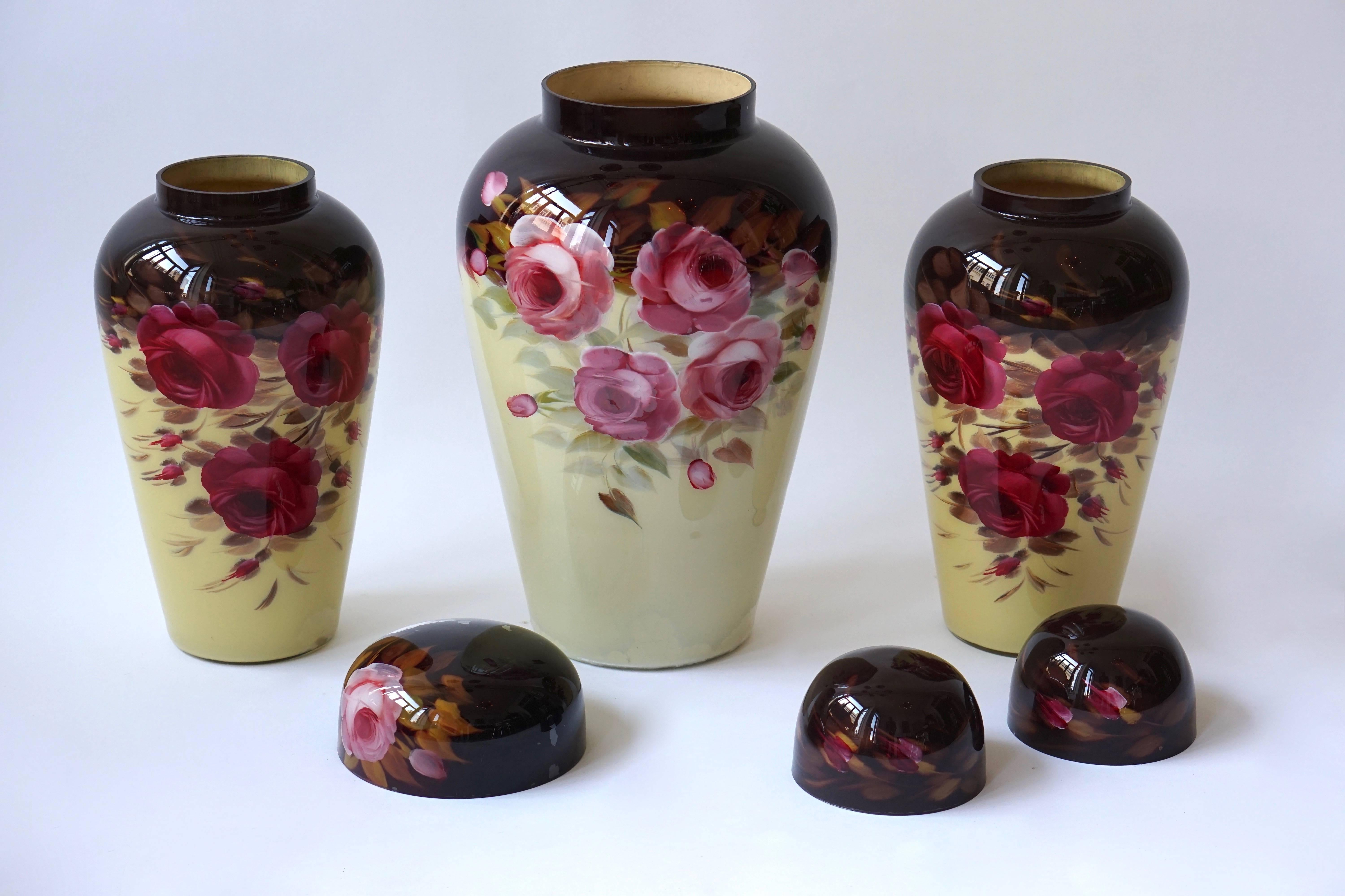 Set of Three Floral Glass Art Deco Vases For Sale 1