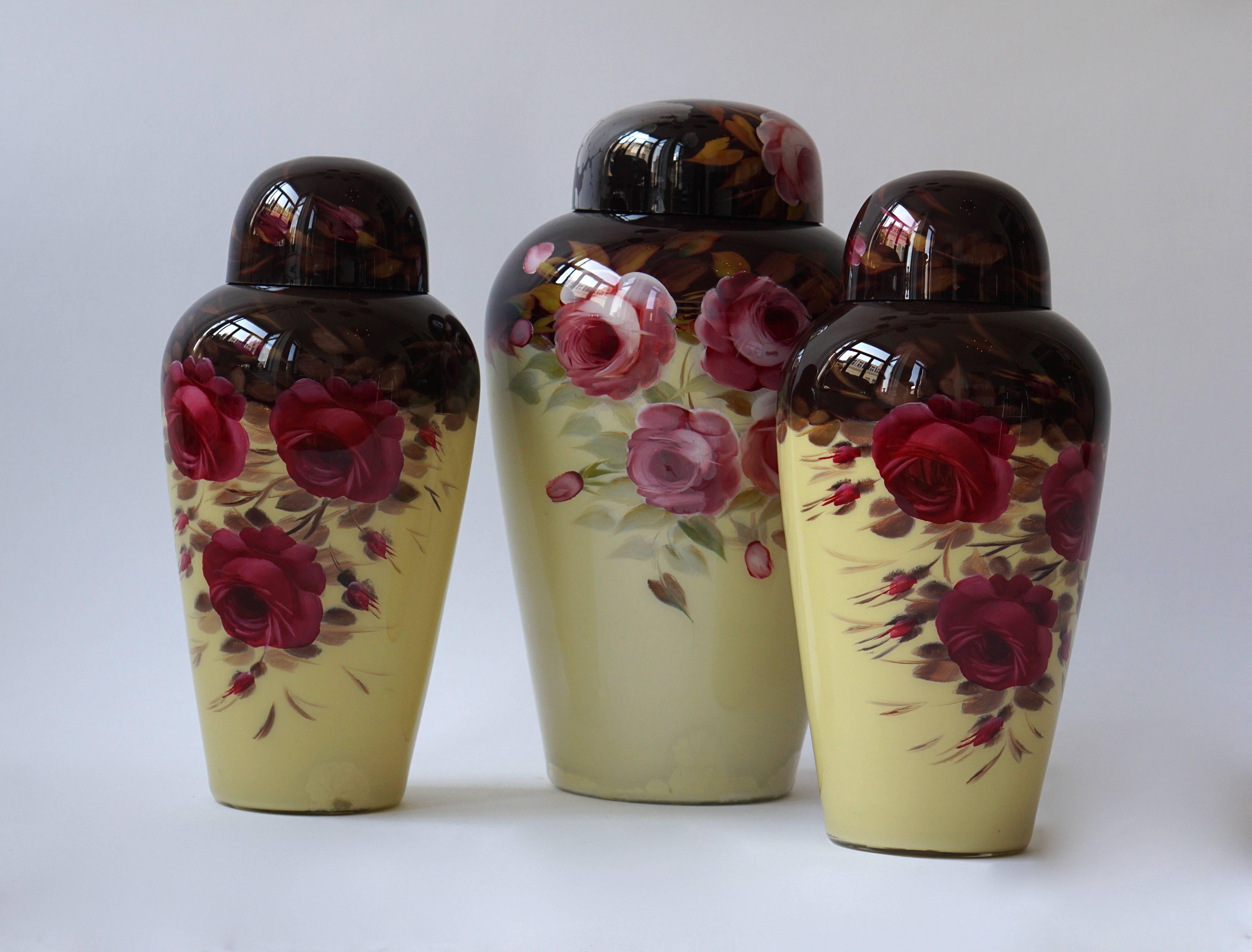 Set of Three Floral Glass Art Deco Vases In Good Condition For Sale In Antwerp, BE