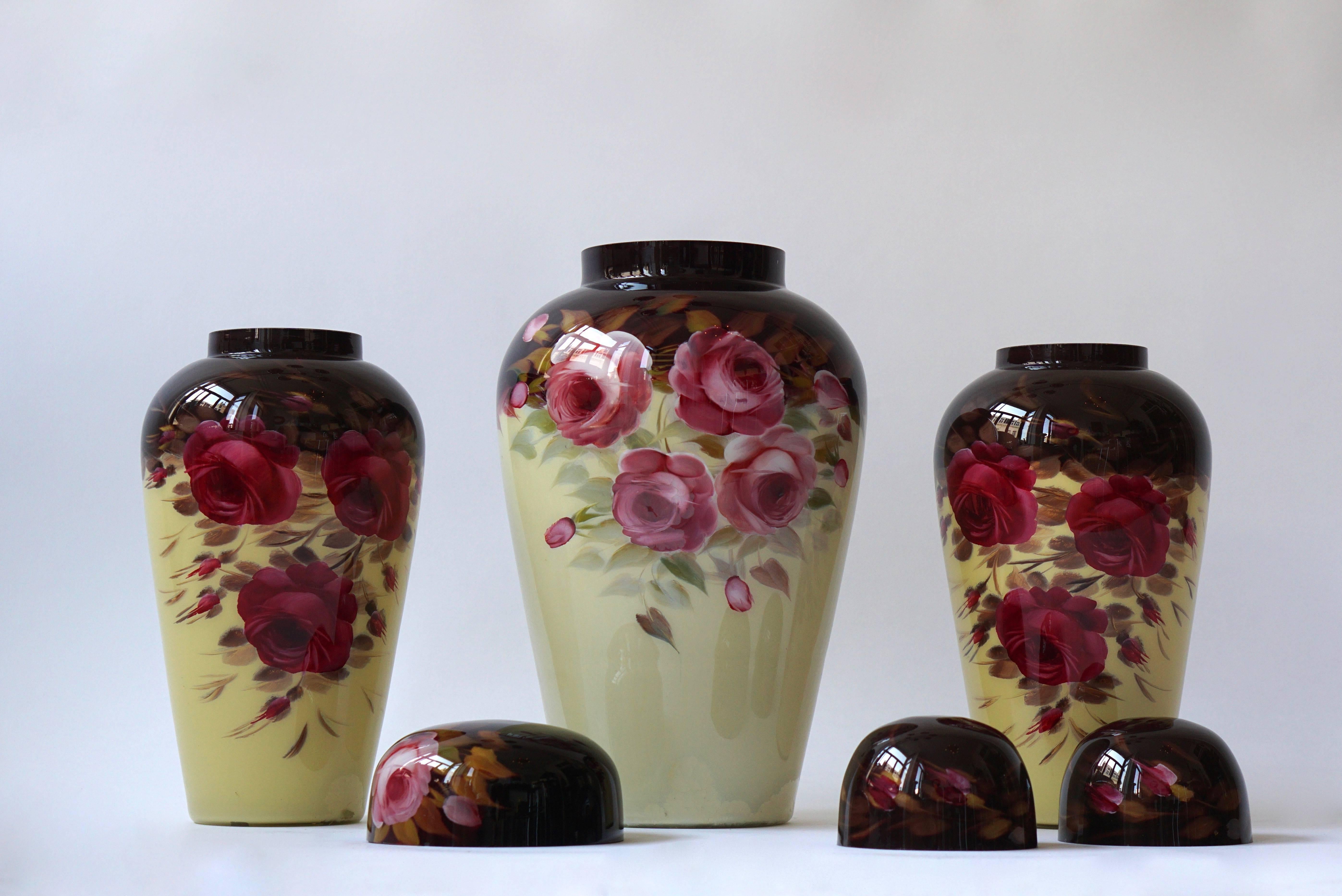 Set of Three Floral Glass Art Deco Vases For Sale 2