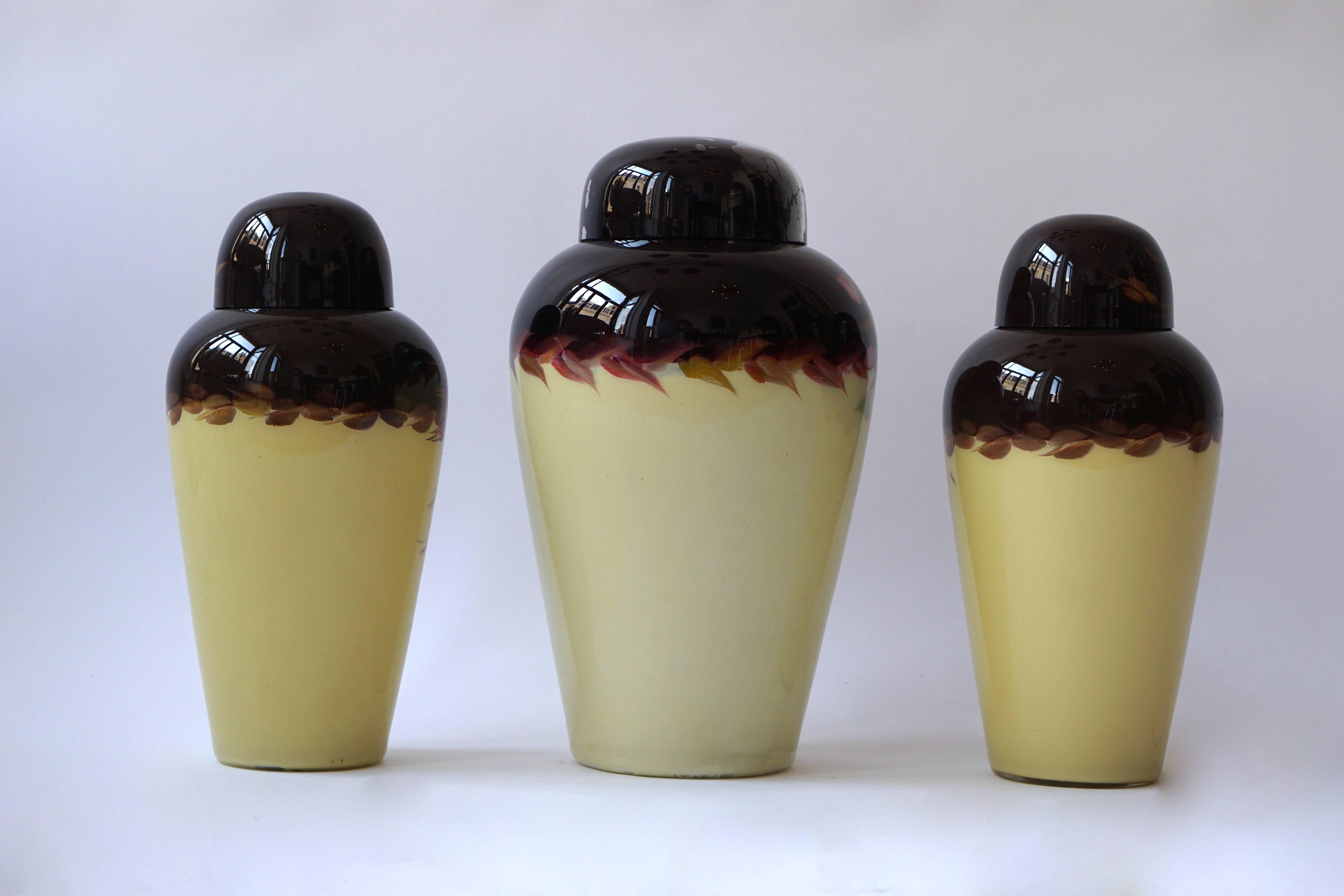 Painted Set of Three Floral Glass Art Deco Vases For Sale