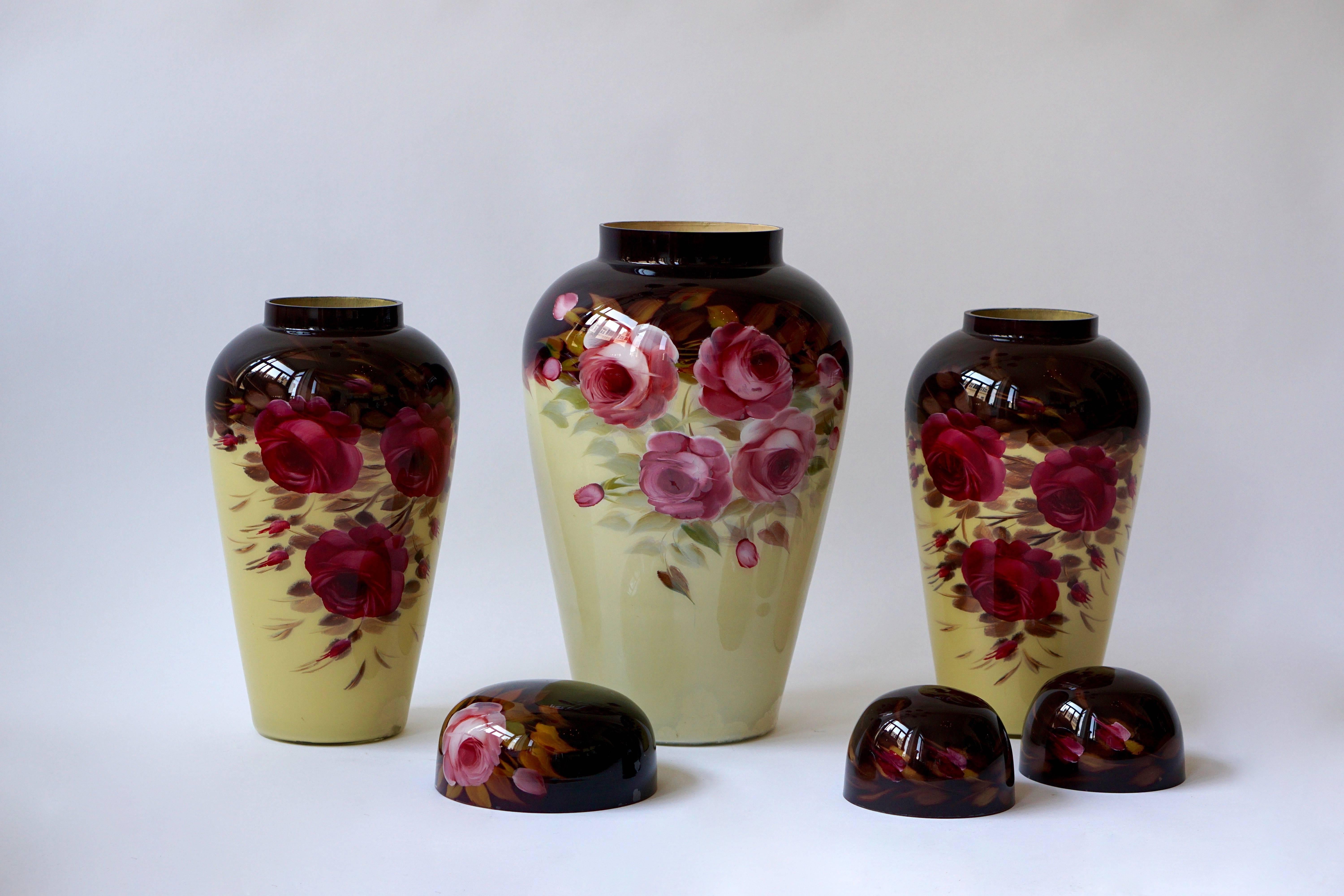 Set of Three Floral Glass Art Deco Vases For Sale 4