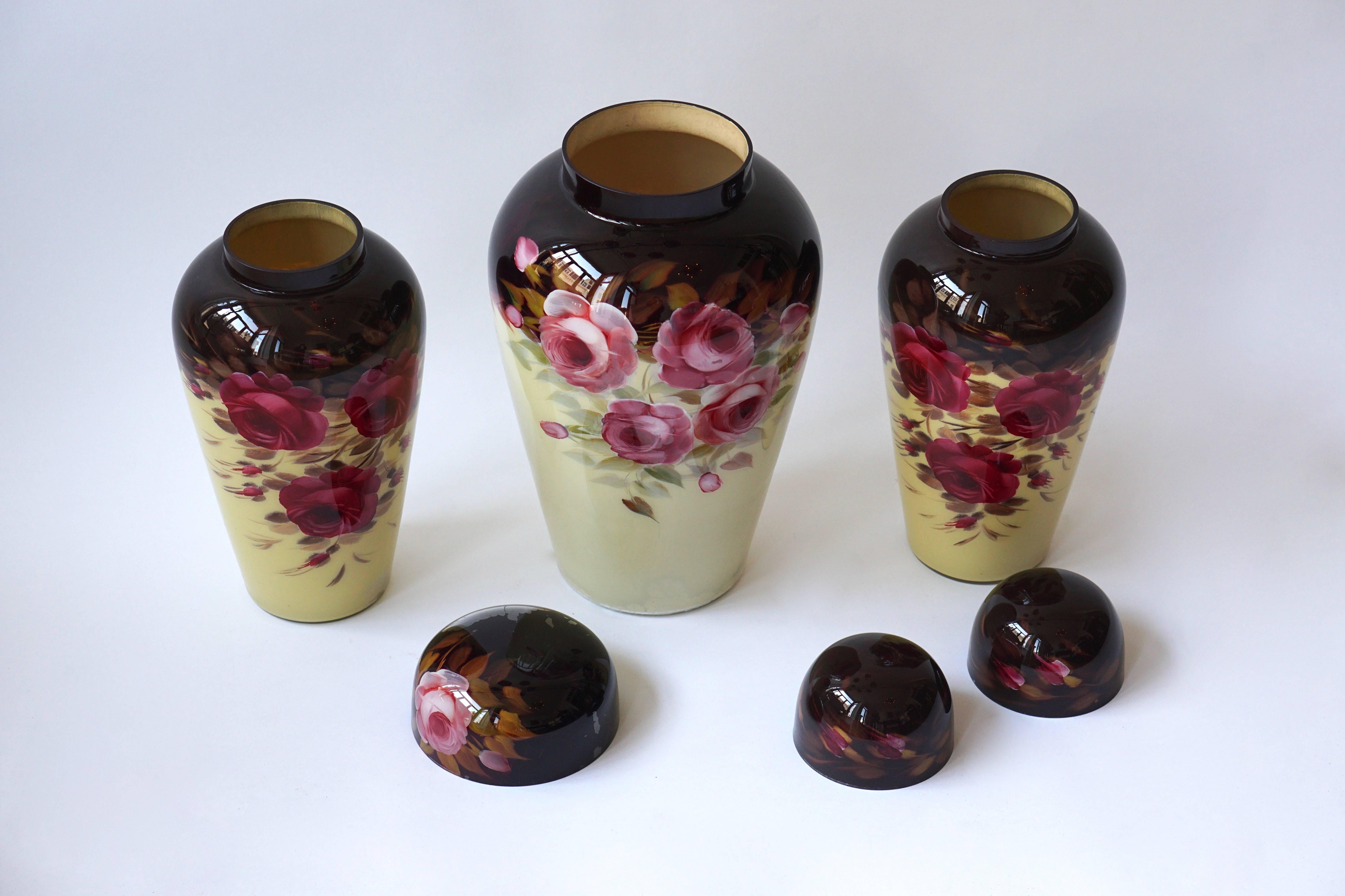 Set of Three Floral Glass Art Deco Vases For Sale 3