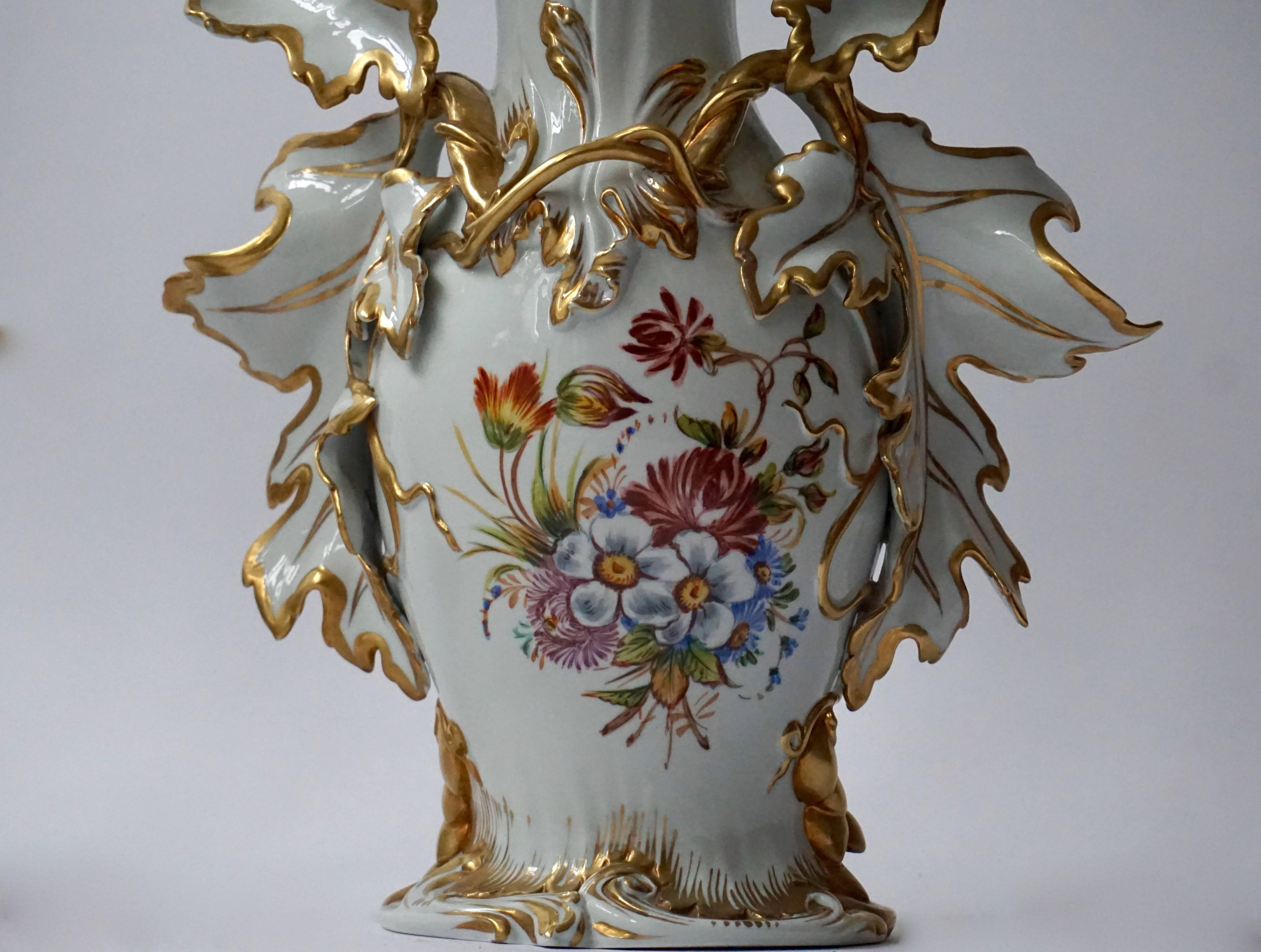 20th Century Great Pair of Italian Porcelain Vases with Gold Leaf