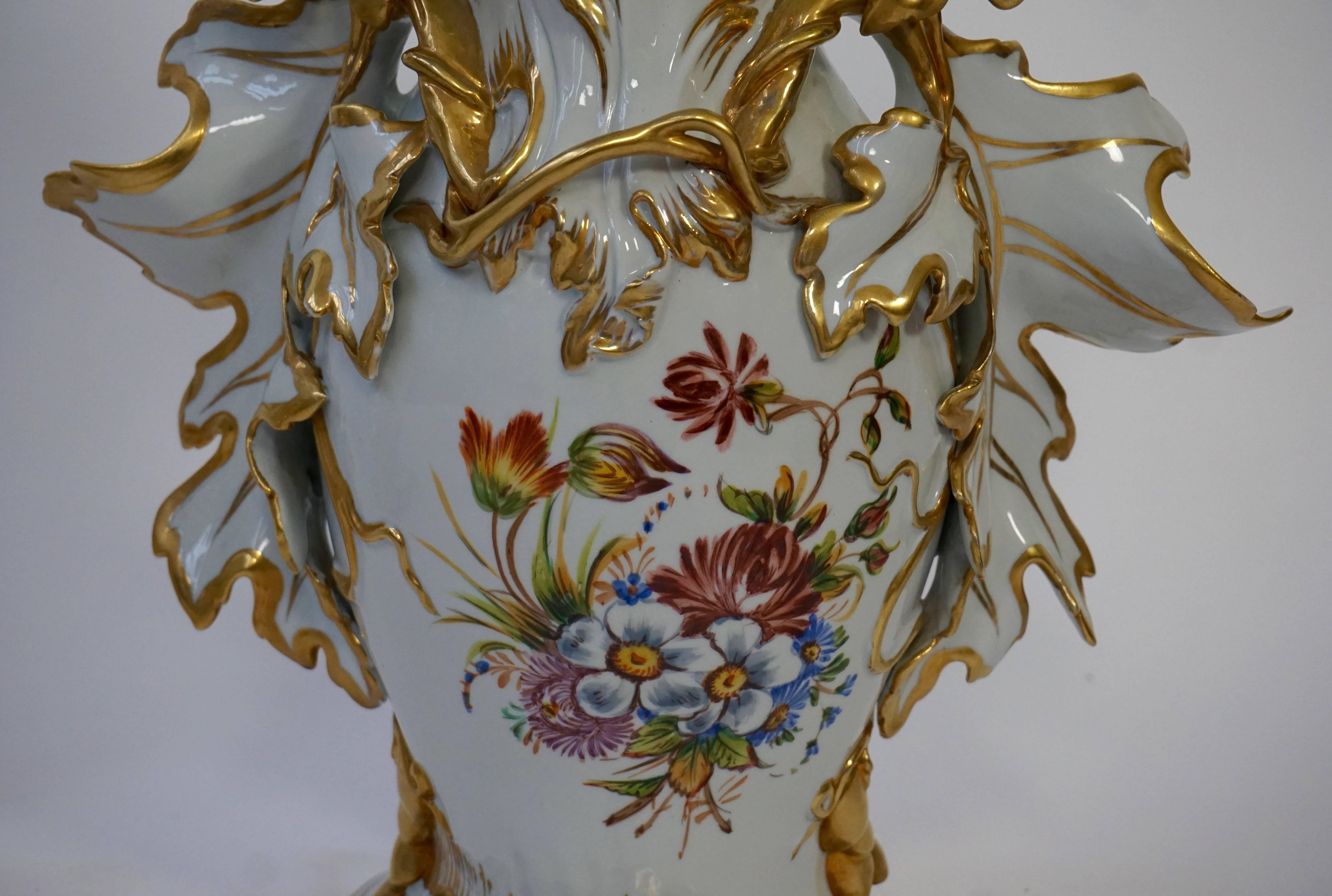 Great Pair of Italian Porcelain Vases with Gold Leaf 1