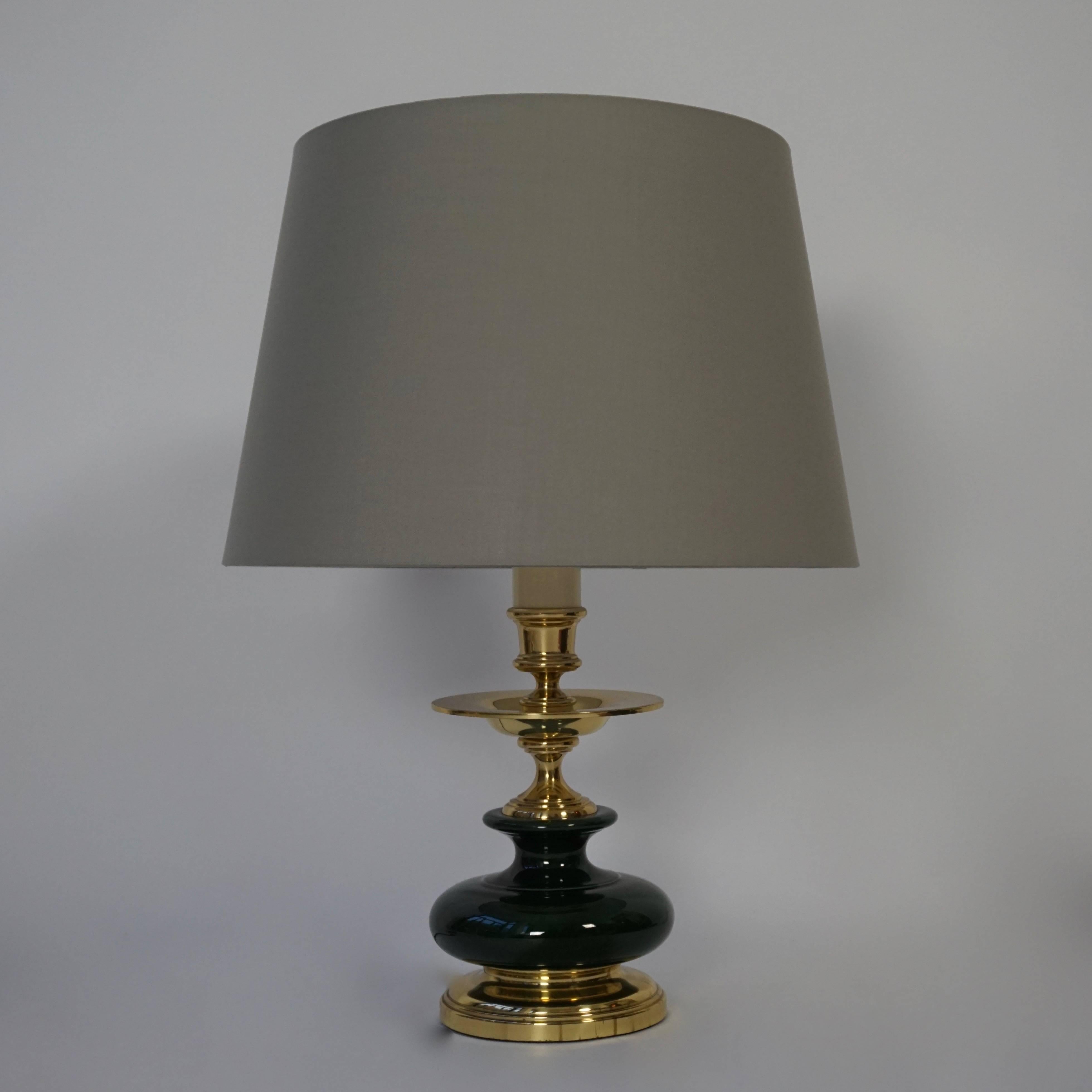 Mid-Century Modern Pair of Brass and Green Porcelain Table Lamps