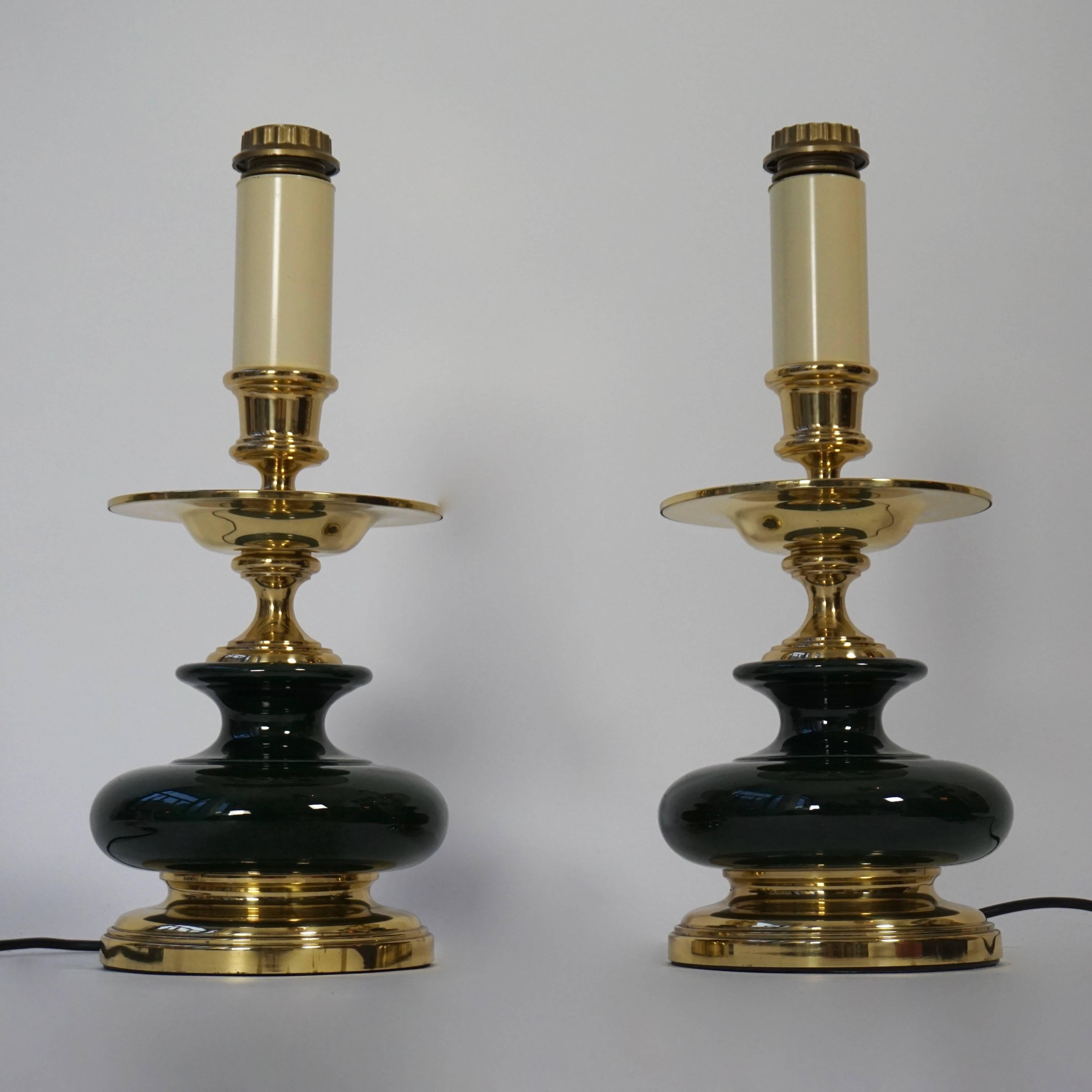 20th Century Pair of Brass and Green Porcelain Table Lamps