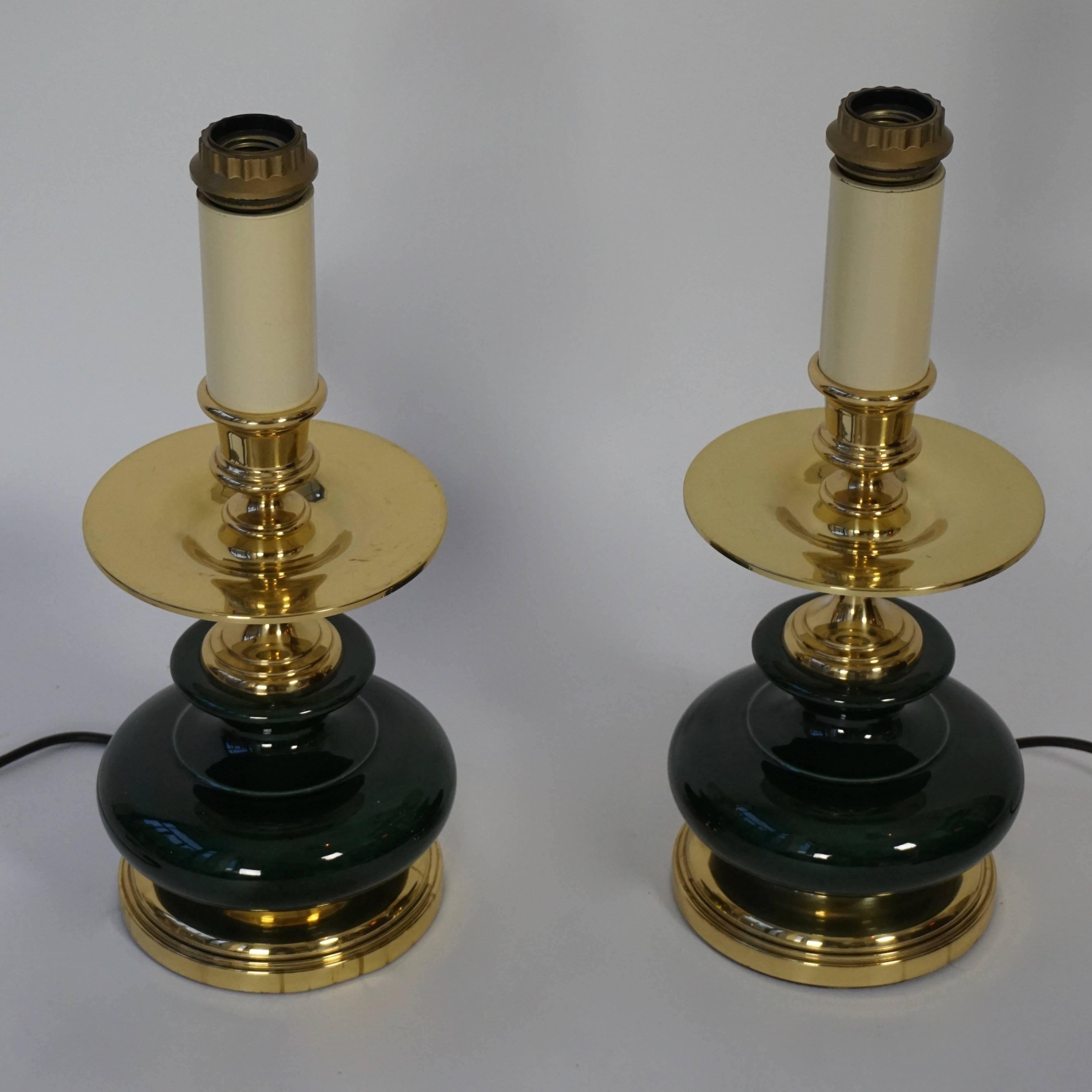 French Pair of Brass and Green Porcelain Table Lamps