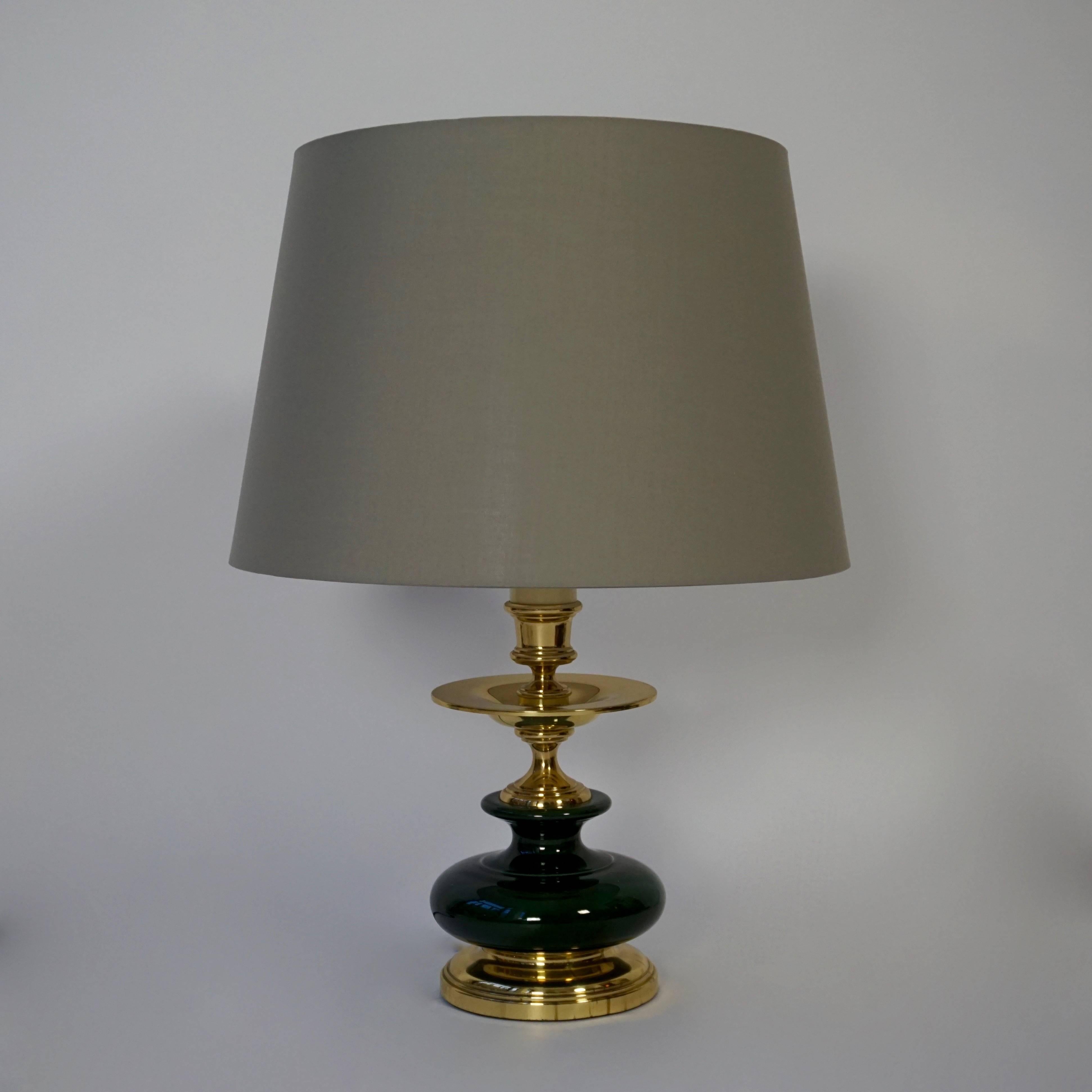 Pair of Brass and Green Porcelain Table Lamps 1