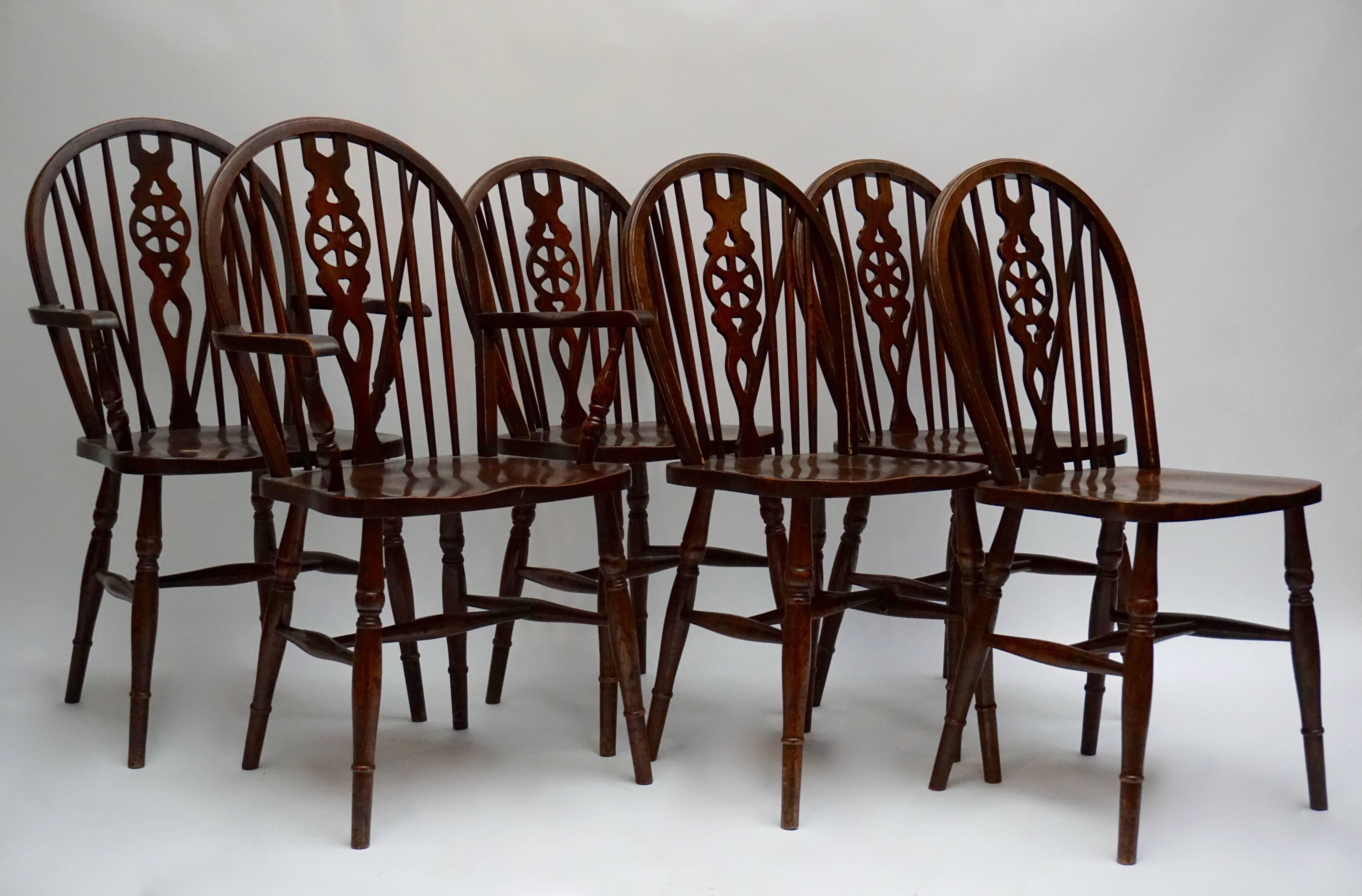 Six unusual and wonderful aged, worn patina chairs are in good condition.They look fantastic together as a set.
The seat height of all seats is 18.5 in. (47 cm)
The height of the armrest is 26.77 in. (68 cm)
The two high back chairs are 37.79 in.