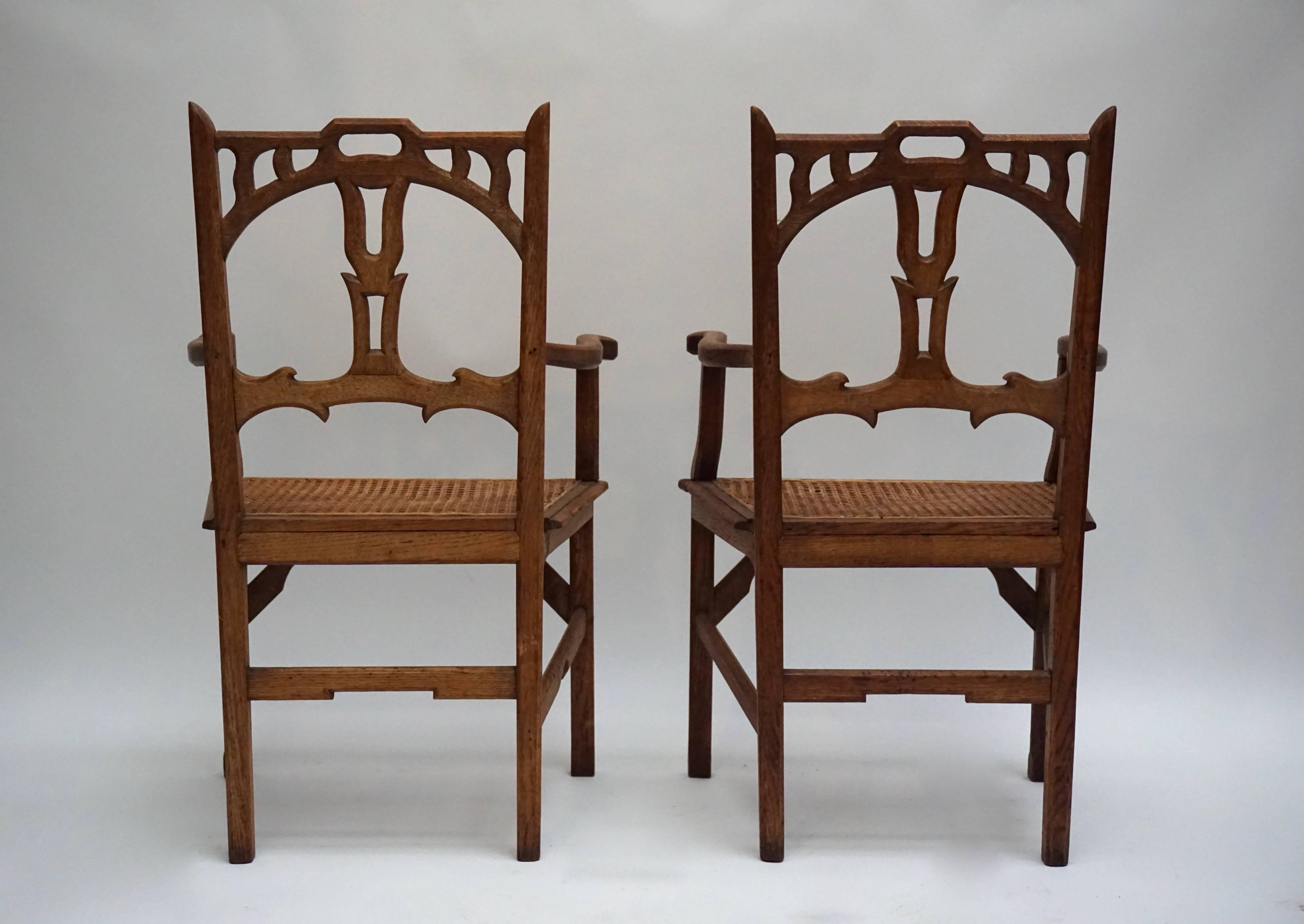 20th Century Two Italian Art Nouveau Carved Teak Armchairs