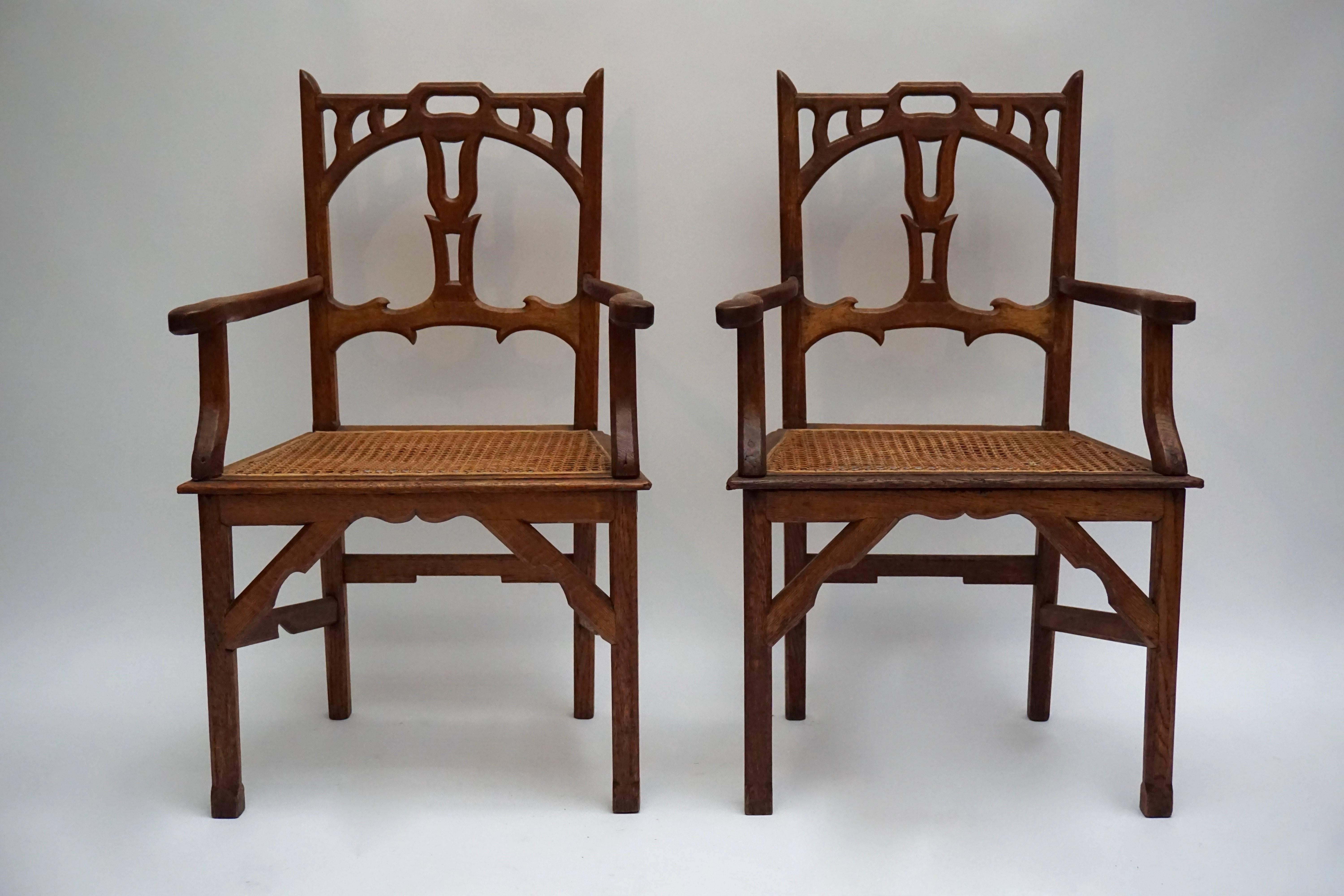 Belgian Two Italian Art Nouveau Carved Teak Armchairs