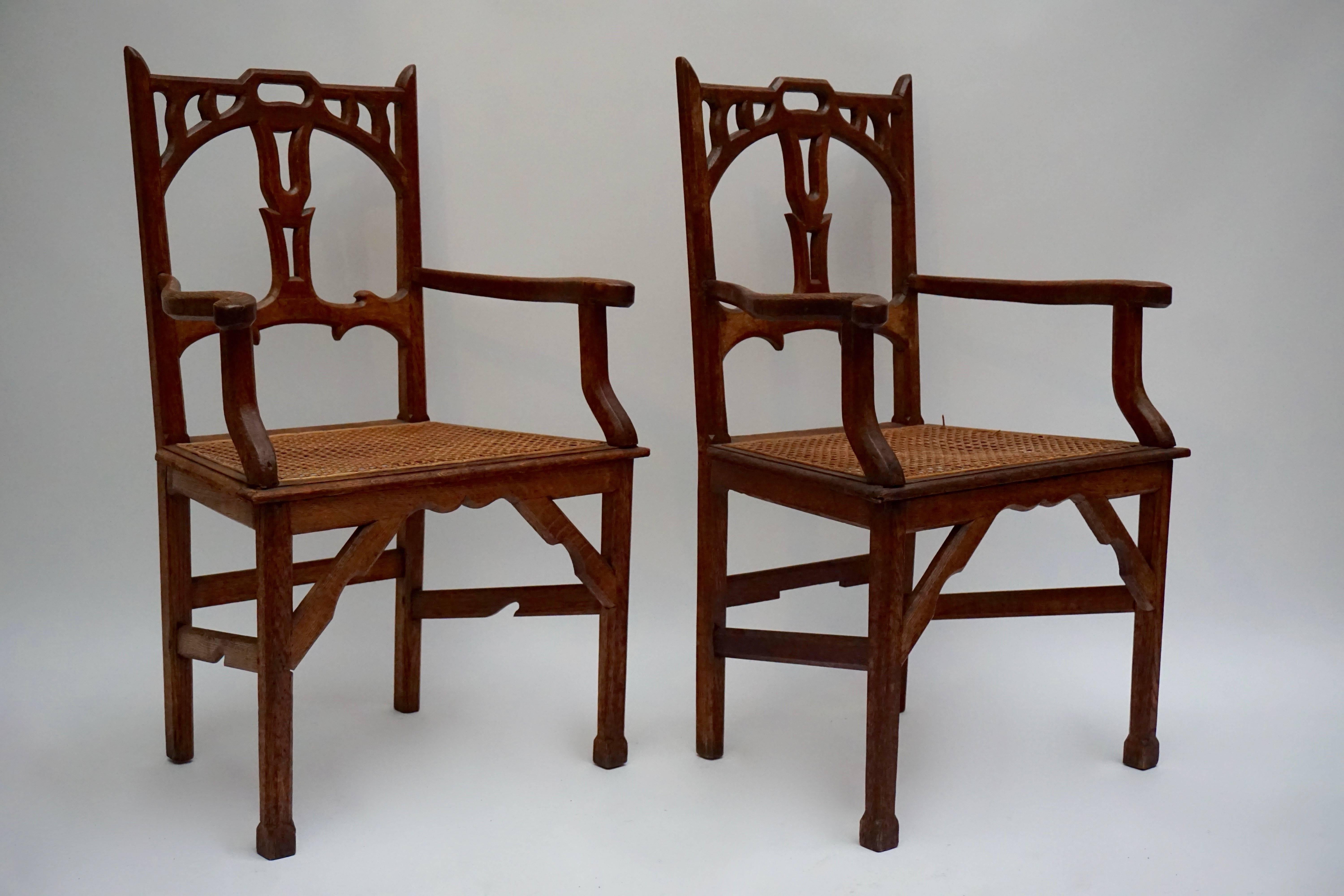 Two Italian Art Nouveau Carved Teak Armchairs In Good Condition In Antwerp, BE