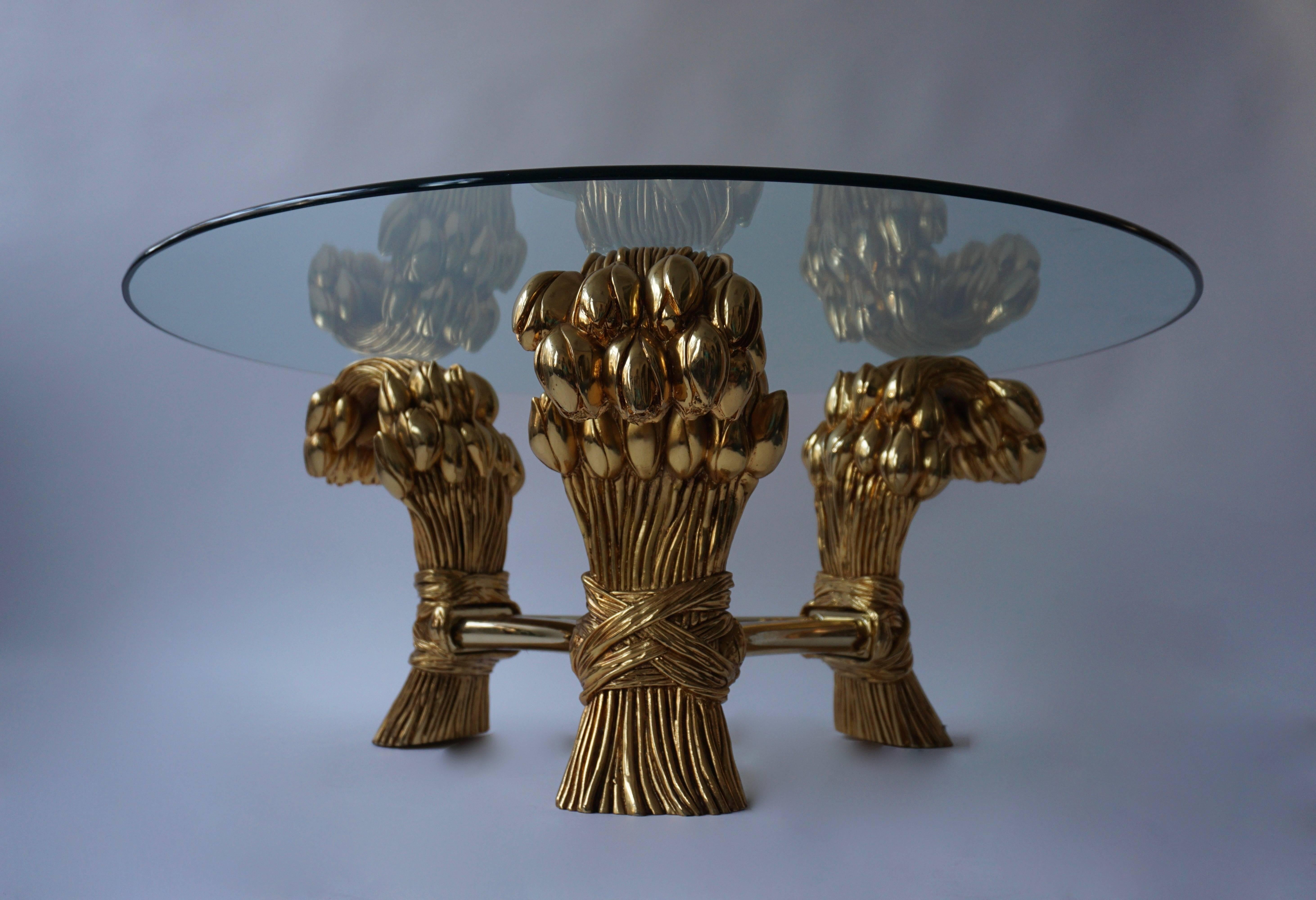 Brass Round Glass Coffee Table in the Manner of Maison Jansen For Sale