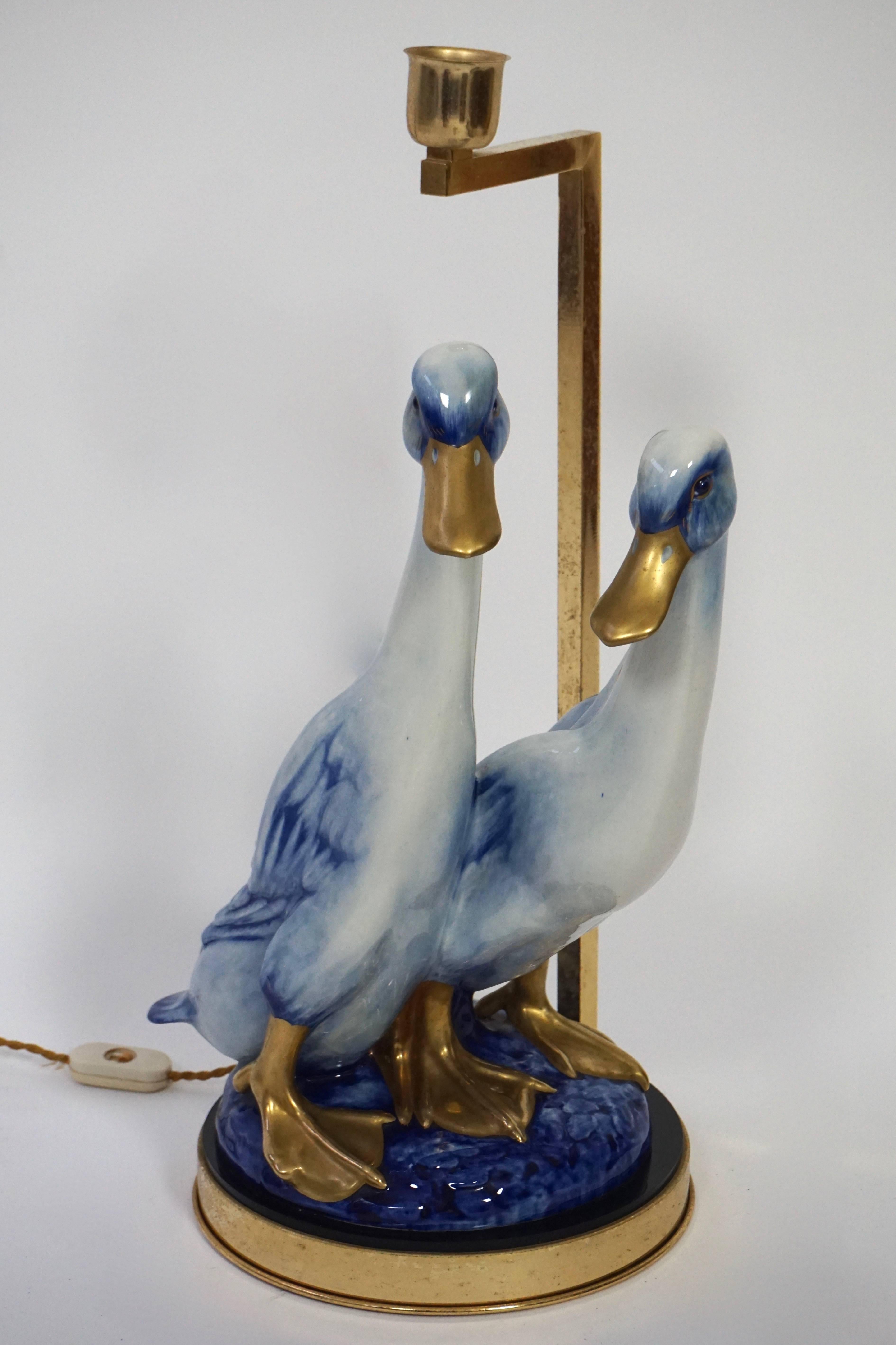 Mid-Century Modern Brass and Porcelain Duck Figurine Mounted as Table Lamp For Sale