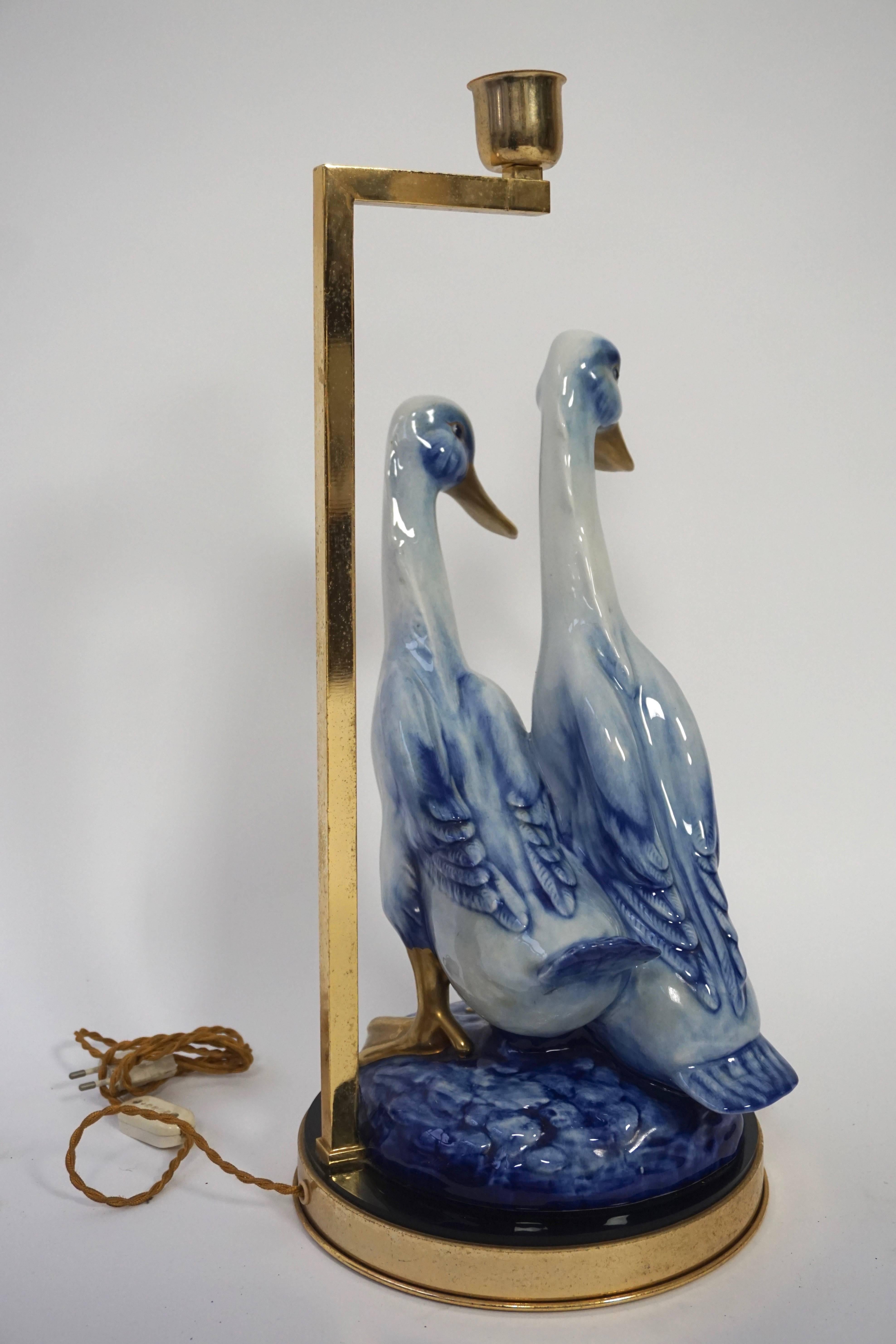 Italian Brass and Porcelain Duck Figurine Mounted as Table Lamp For Sale