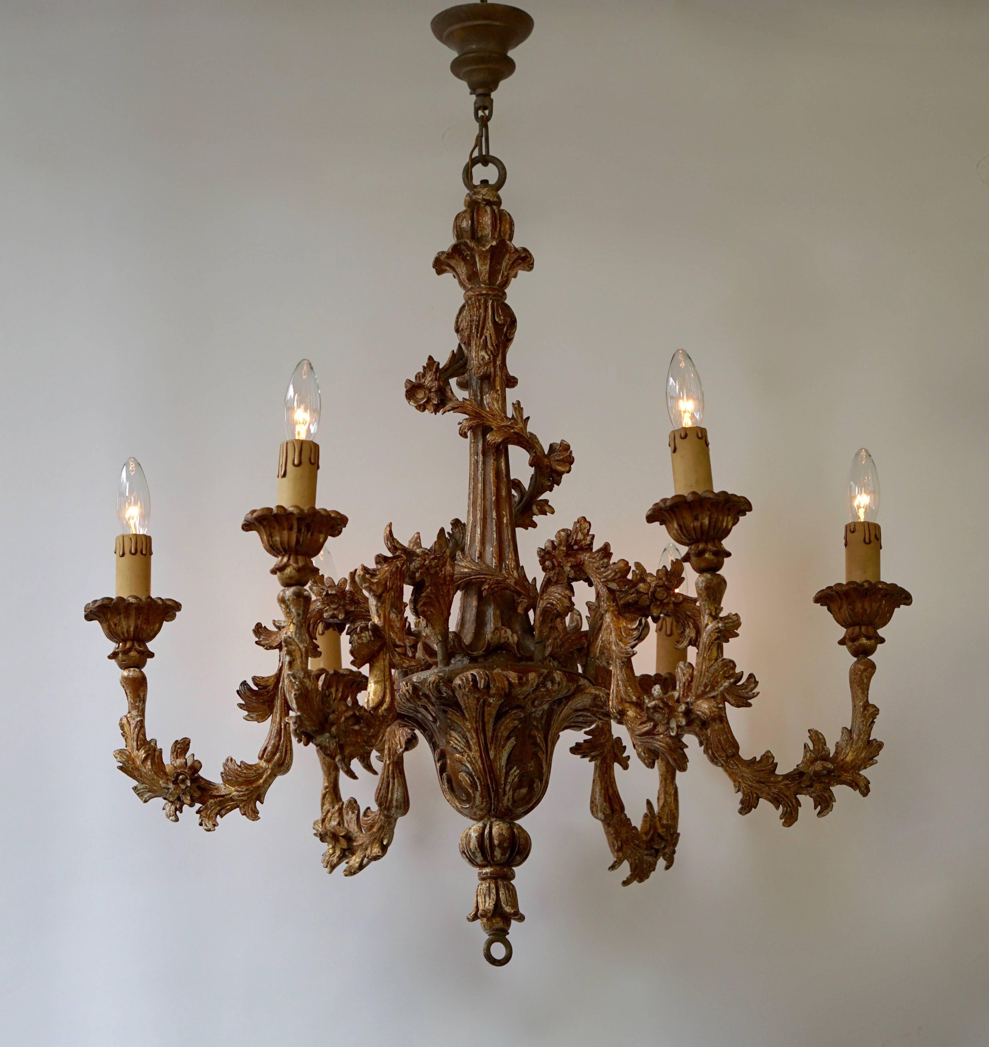 Rococo Italian Carved Giltwood Six-Light Chandelier