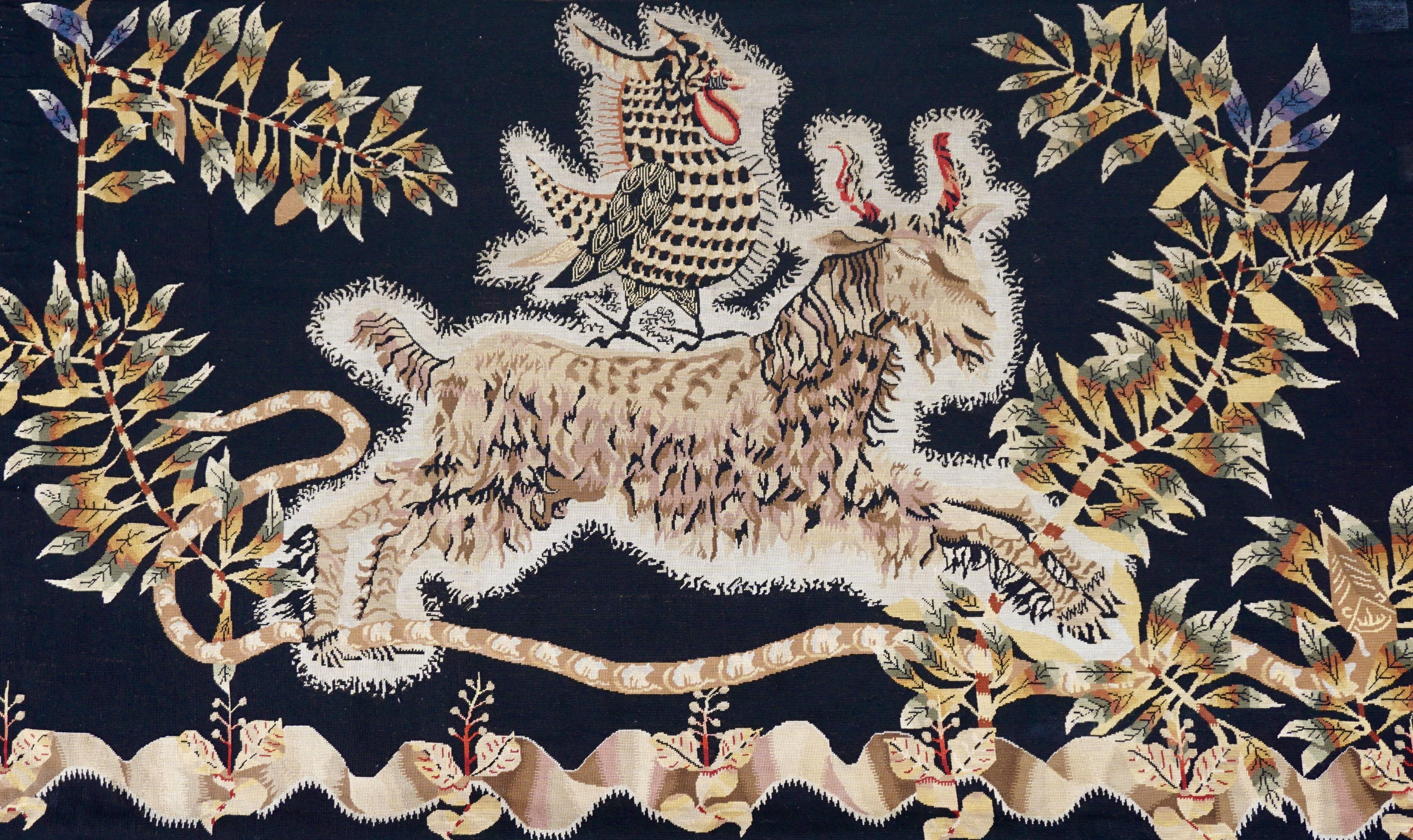 Mid-Century tapestry designed by Jean Lurcat and woven at Atelier Suzanne Goubely-Gatien in Aubusson, France. Hand woven in wool, it dates to the 1950s 

Inspired by an encounter with one of the largest surviving tapestries from the Middle Ages, the