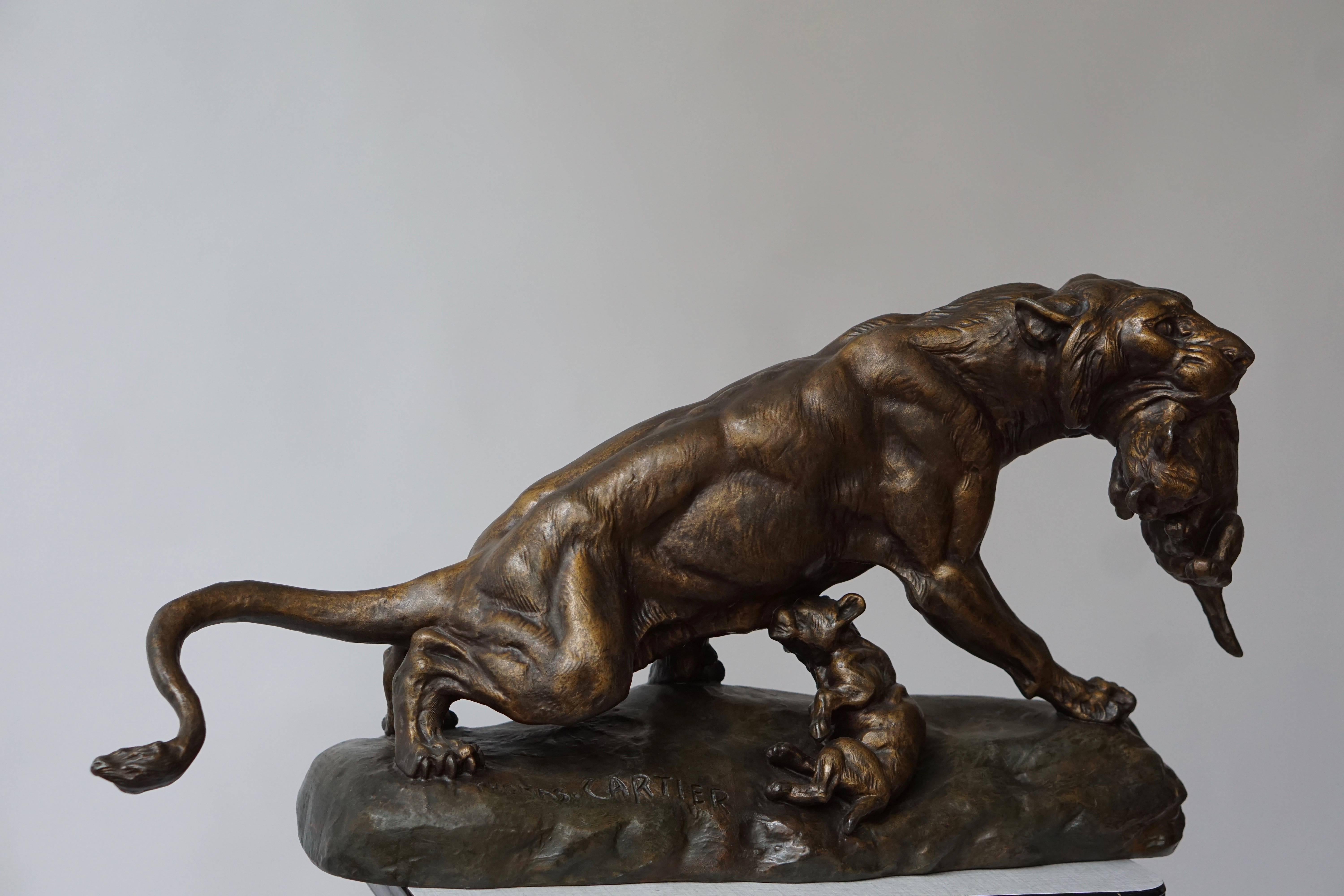 French A Gilt Spelter Lioness with her Cubs, Signed Thomas Cartier