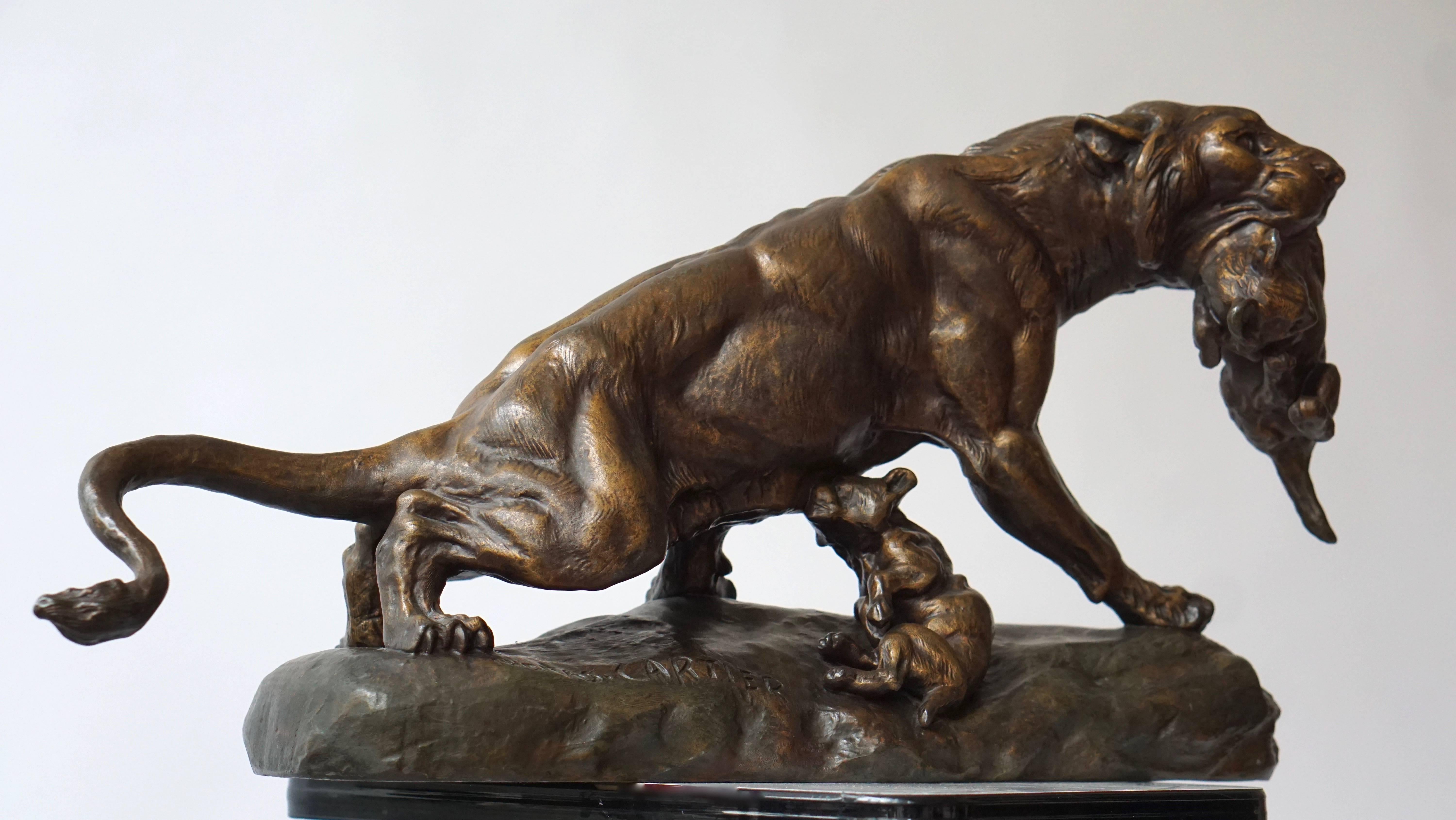 Cast A Gilt Spelter Lioness with her Cubs, Signed Thomas Cartier