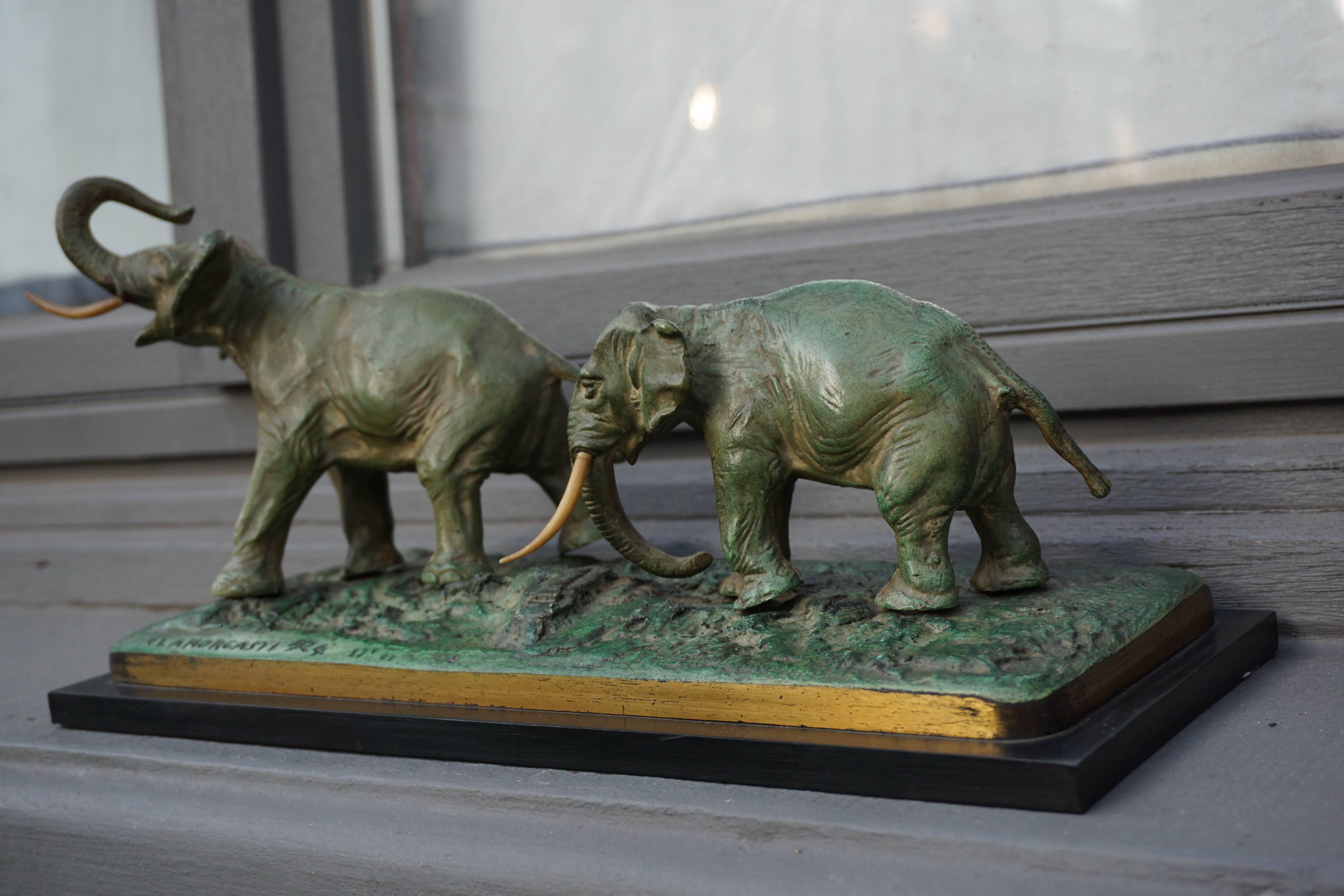 Early 20th century bronze sculpture of two elephants with a patinated bronzed finish. 

The base signed Ant.Amorgasti, 1924.
Antonio Amorgasti,(1880-1942) was a sculptor who, interestingly, also worked at Antwerp Zoo.

Belgium, circa