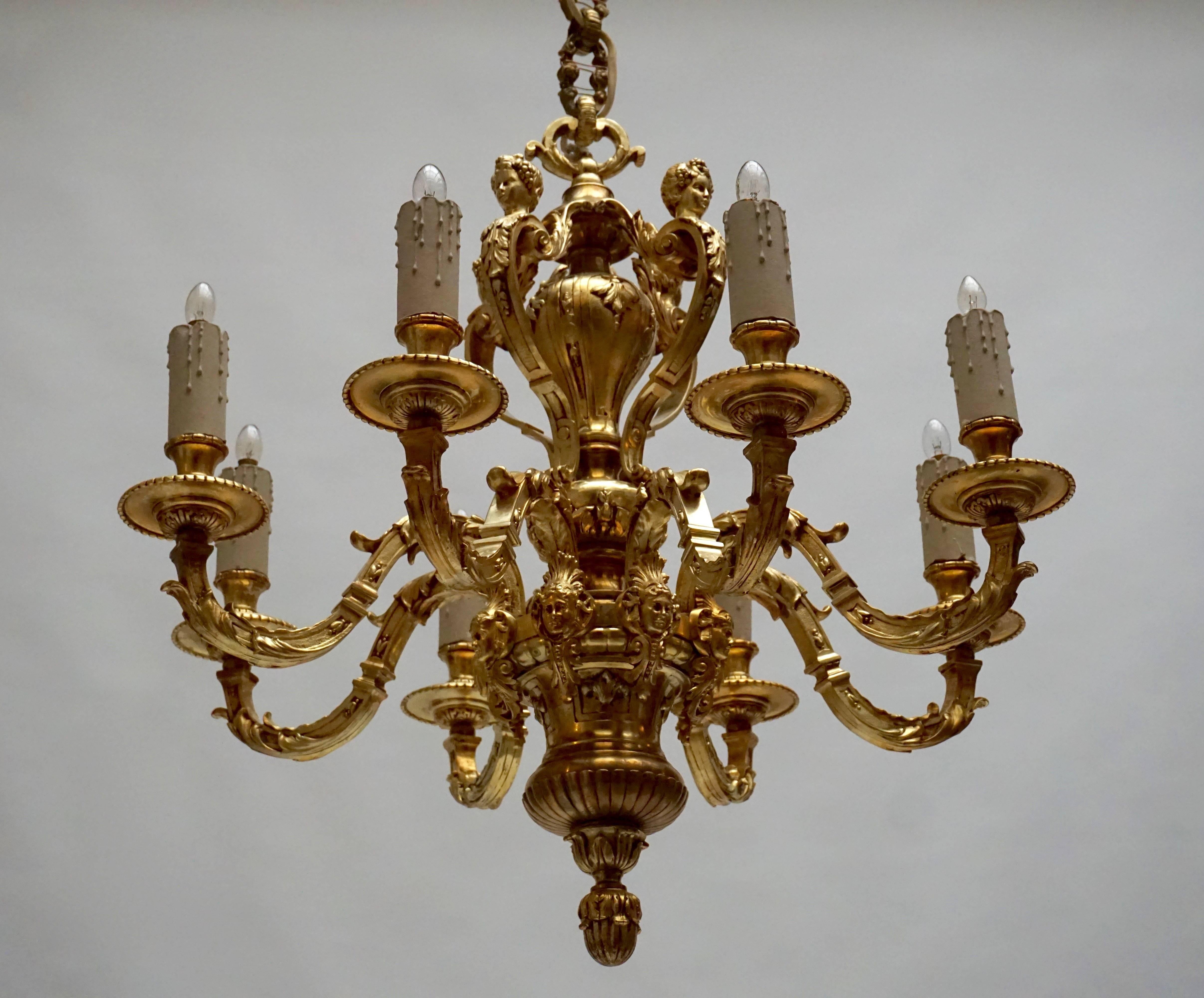 20th Century French Eight-Light Massive Bronze Chandelier with Cherubs For Sale