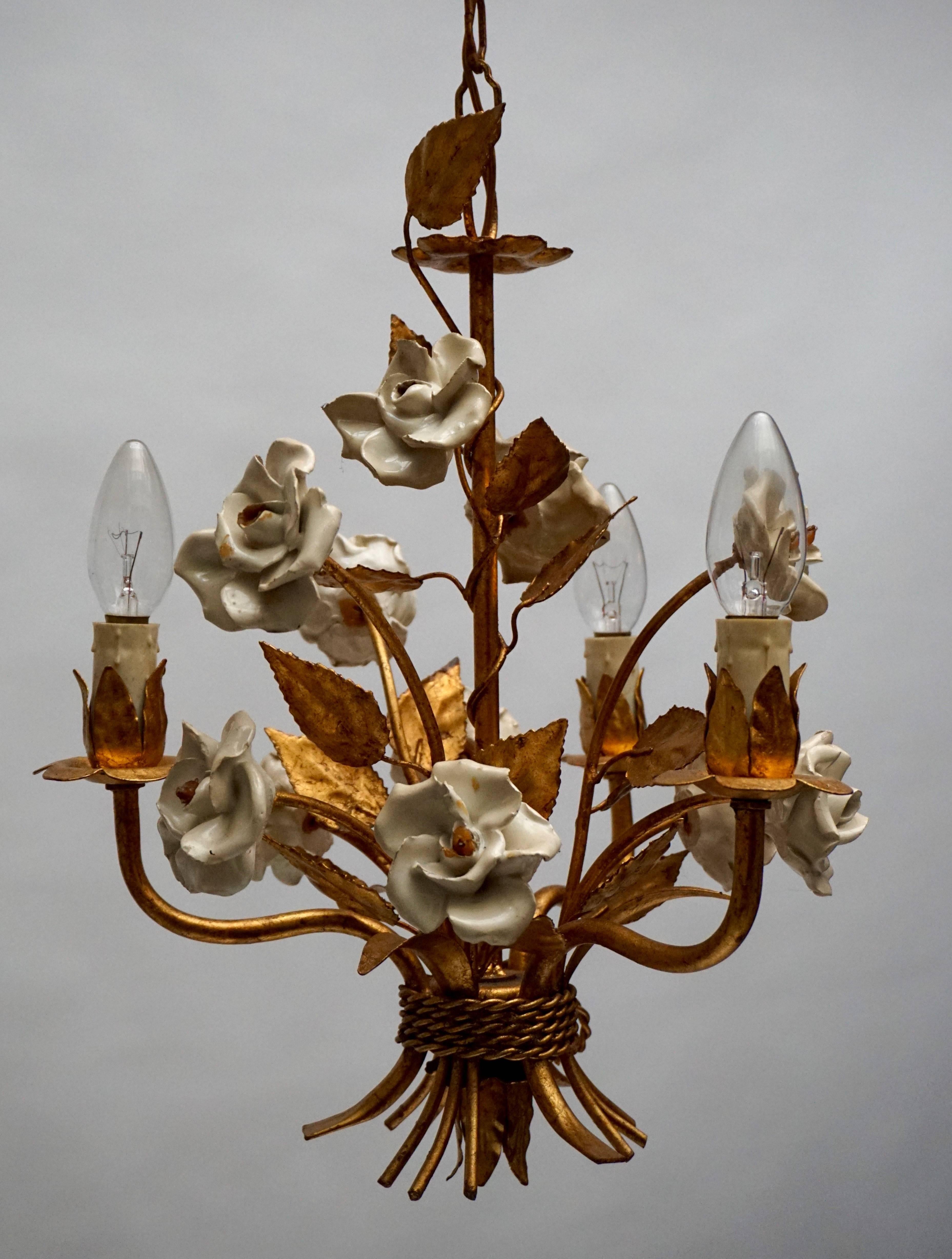 Mid-Century Modern One of Two French Gilt Metal Chandeliers with Porcelain Flowers For Sale