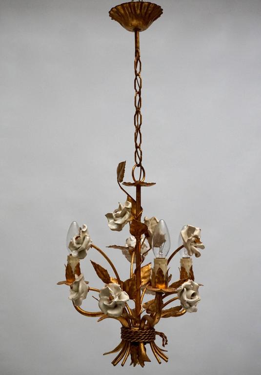 Italian One of Two French Gilt Metal Chandeliers with Porcelain Flowers For Sale