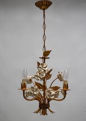 One of Two French Gilt Metal Chandeliers with Porcelain Flowers