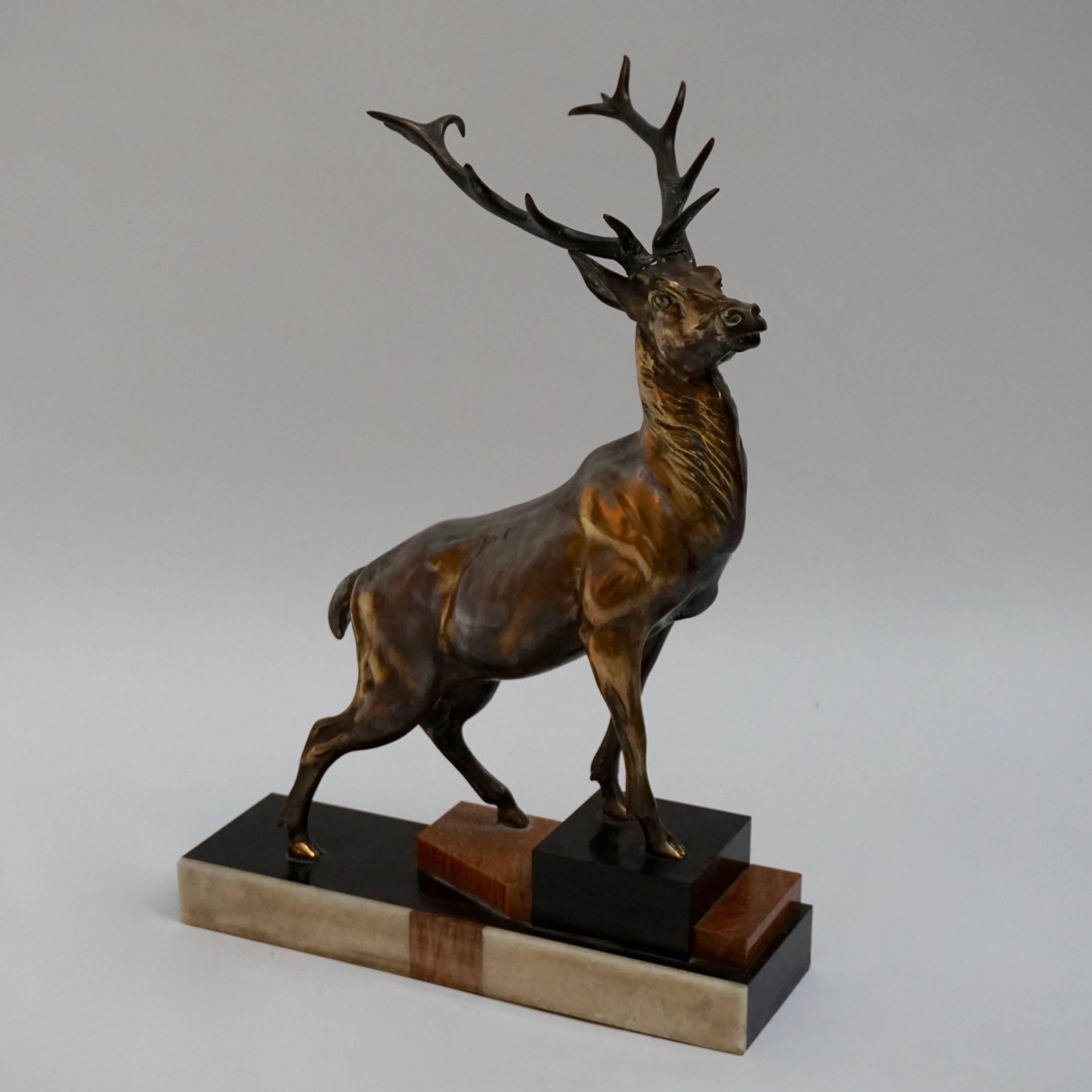 French Art Deco Deer Sculpture on Marble Base