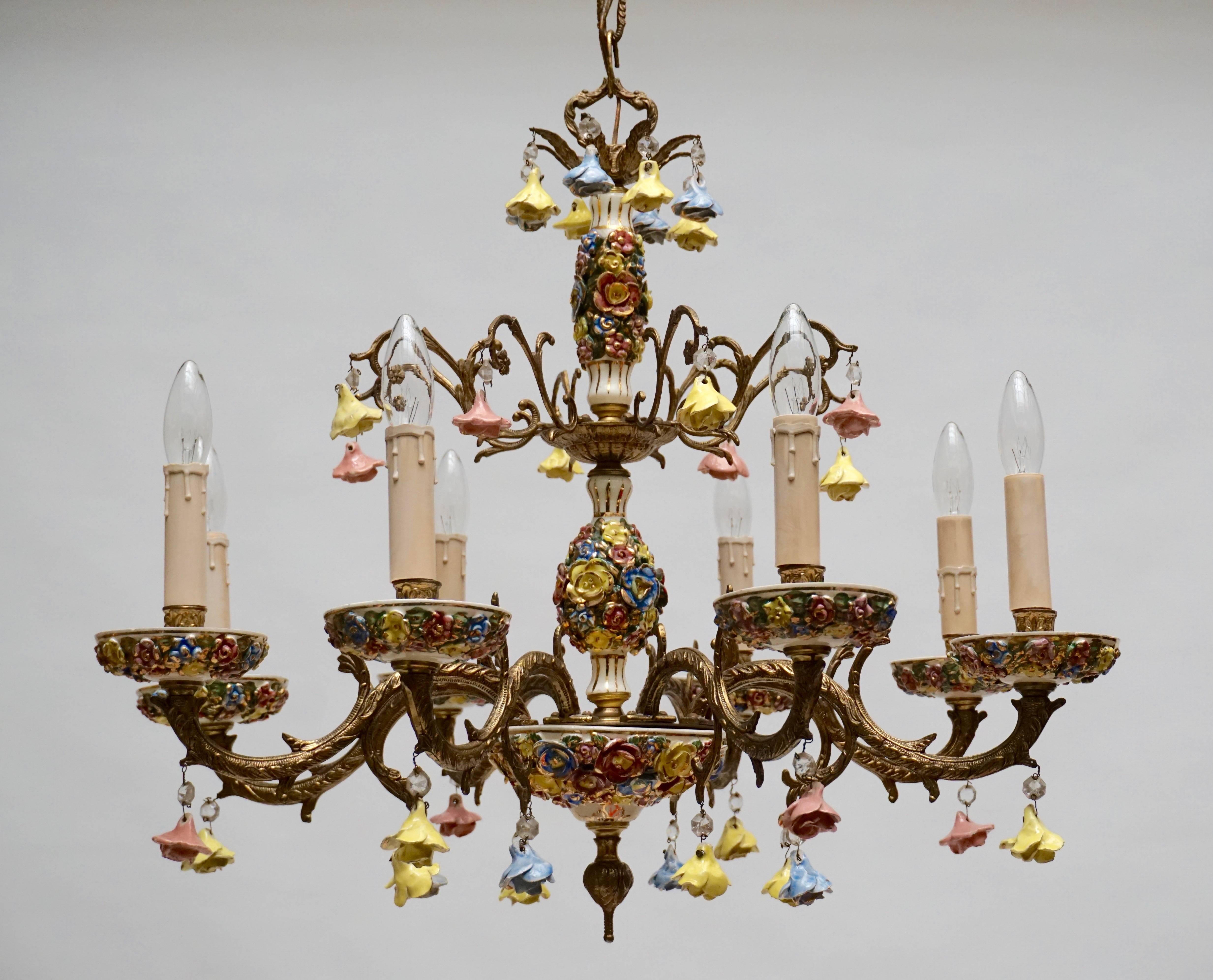 Mid-Century Modern Gilt Iron with Porcelain Flowers Chandelier For Sale