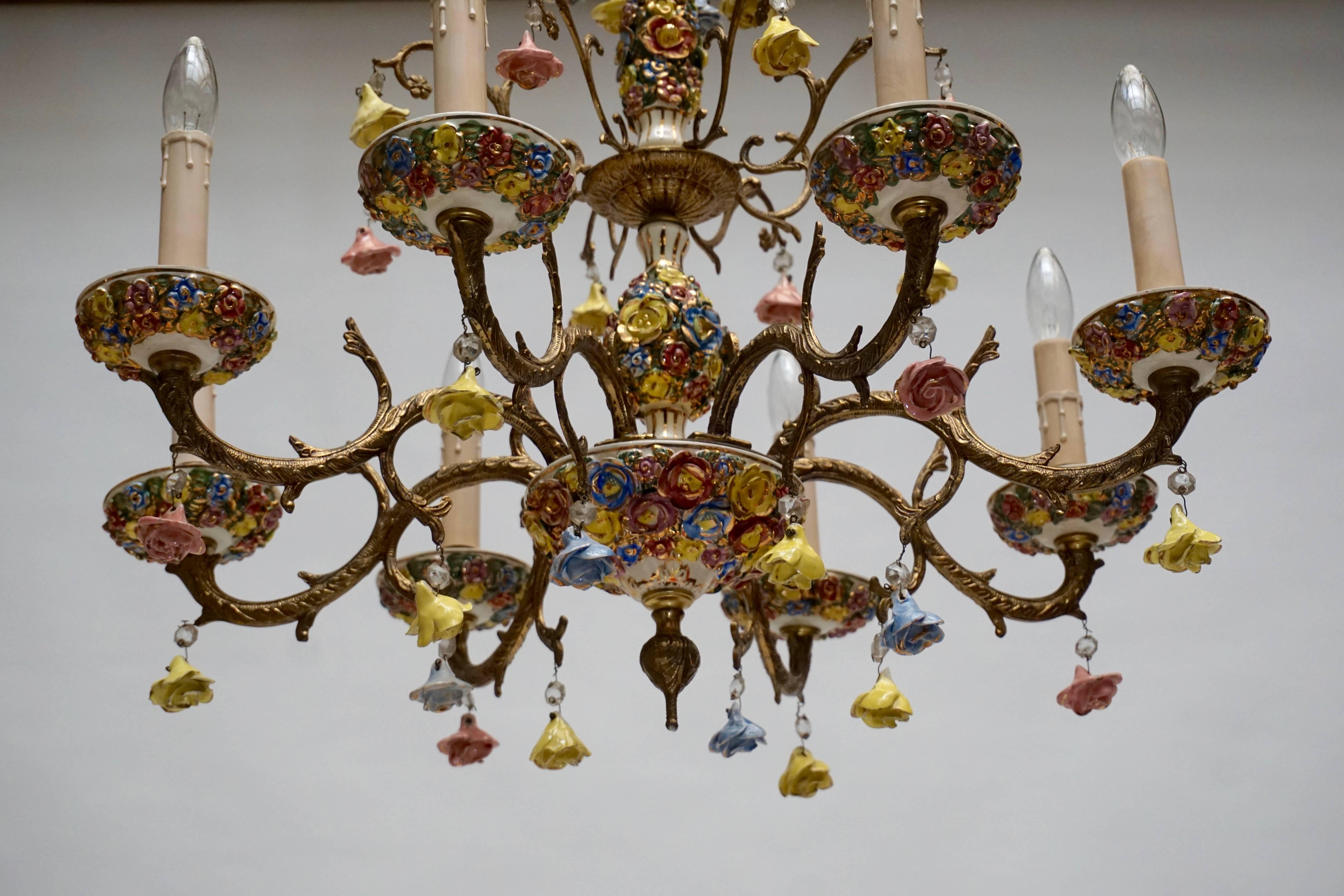 Italian Gilt Iron with Porcelain Flowers Chandelier For Sale