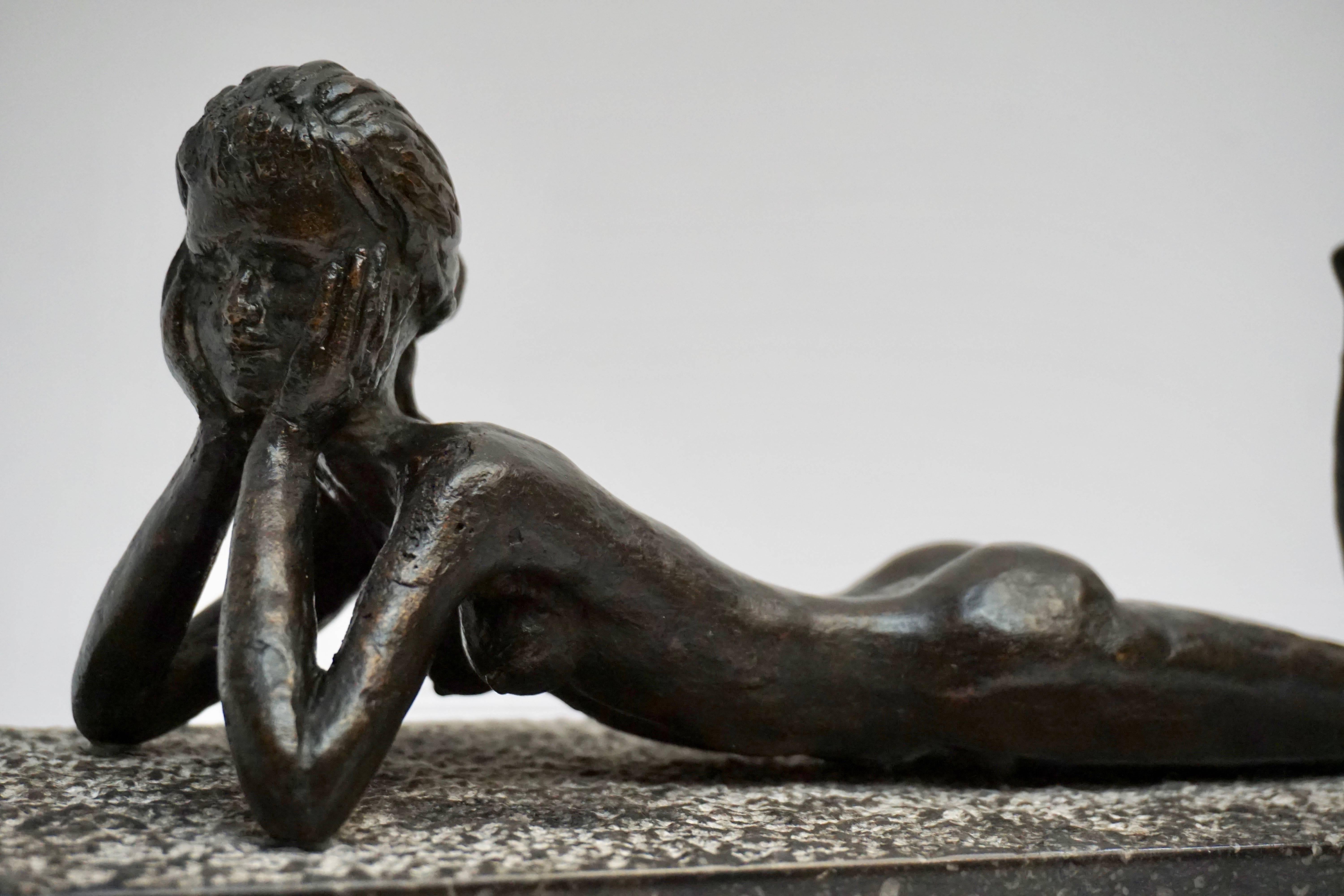 Belgian Bronze Lying Female Nude Sculpture For Sale