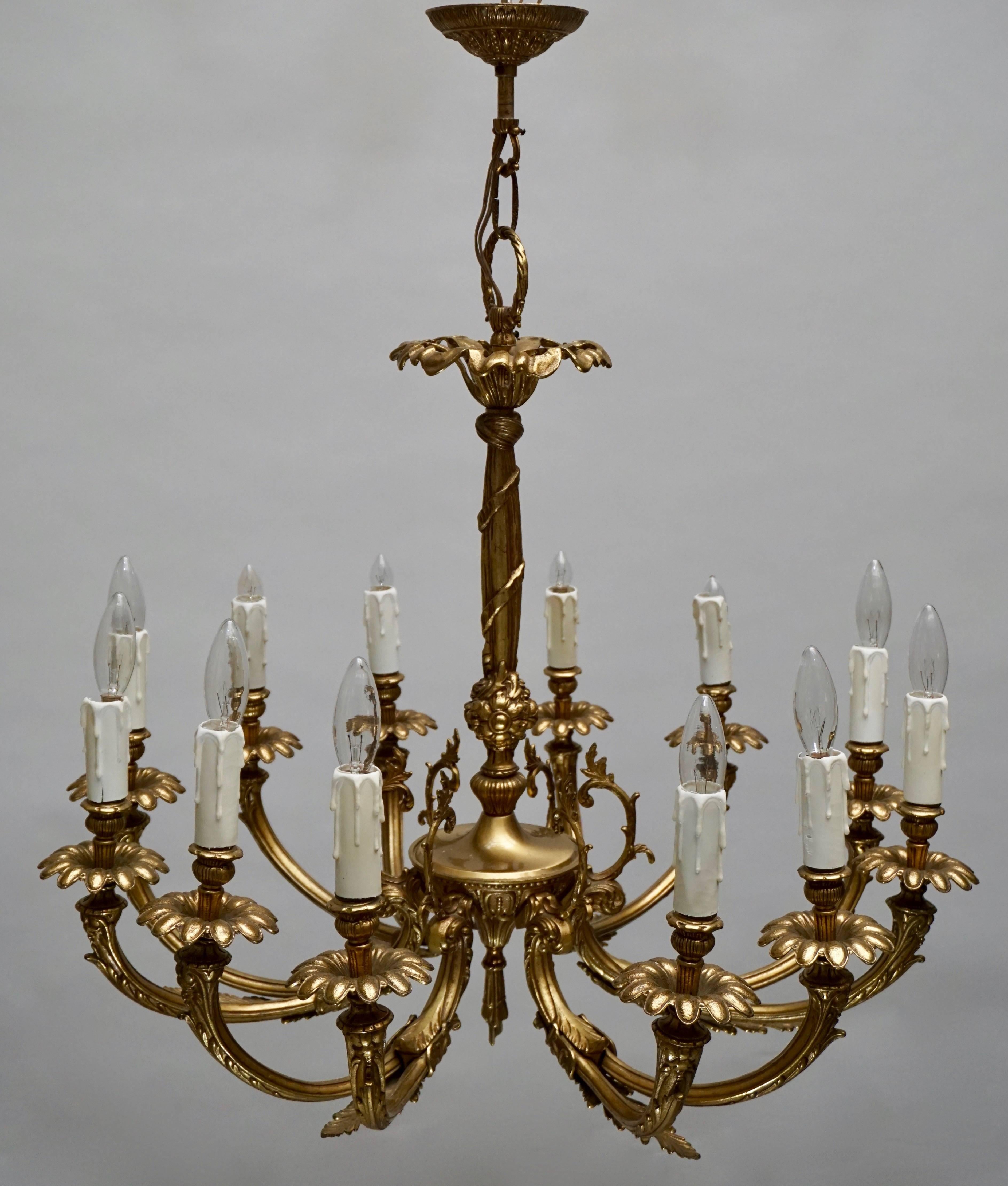 French Brass 12-Arm Chandelier For Sale