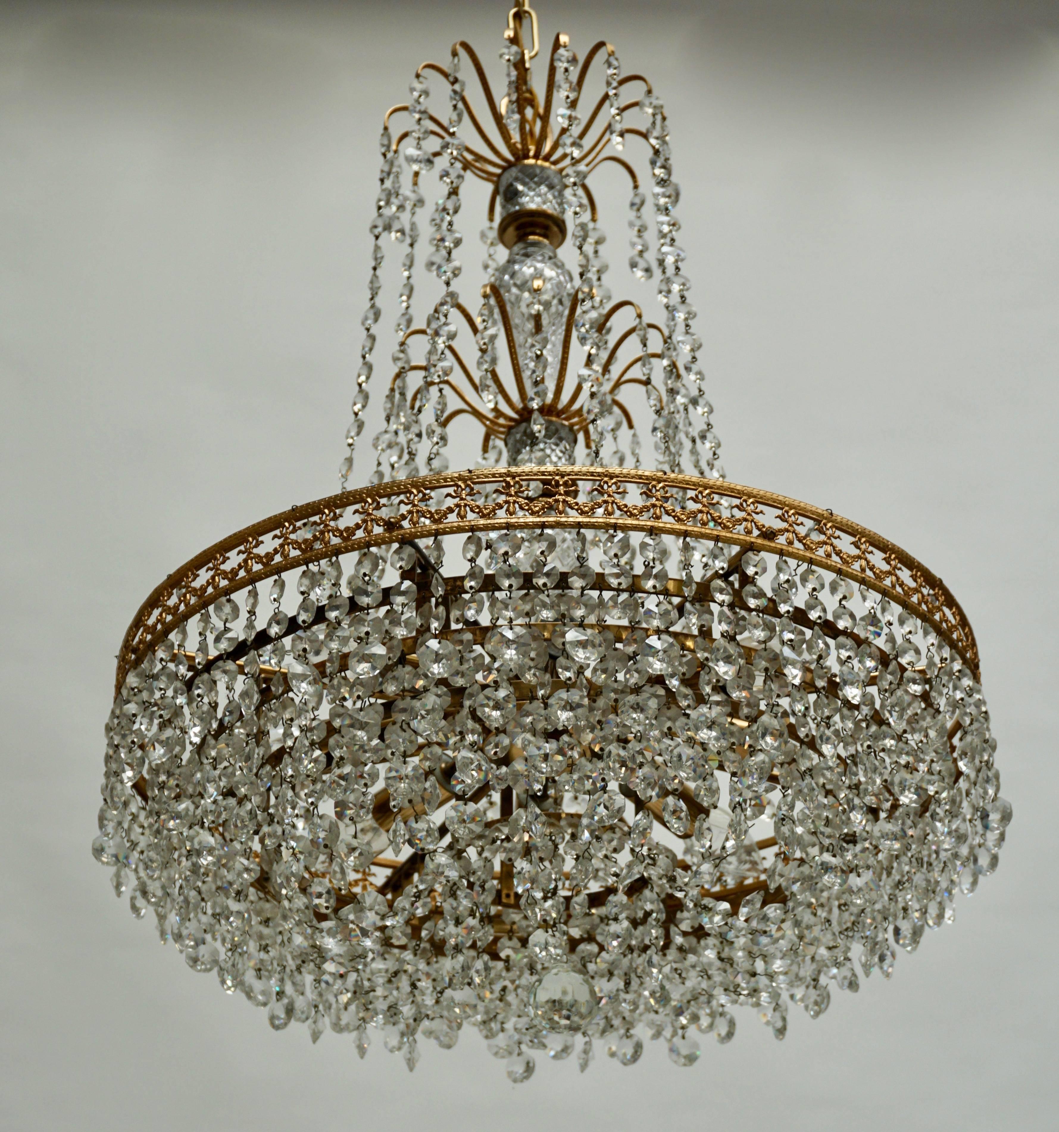 Mid-Century Modern Crystal and Brass Chandelier