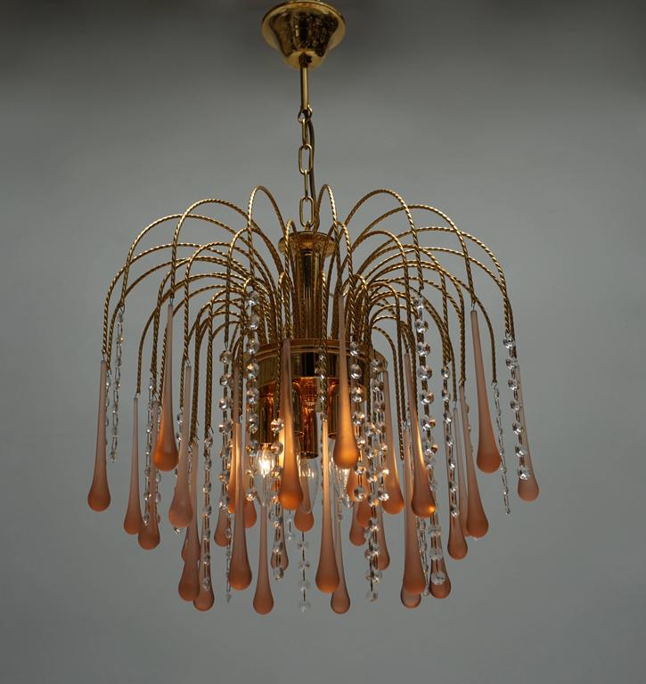 Mid-Century Modern One of Two Italian Brass and Murano Glass Teardrop Chandelier For Sale