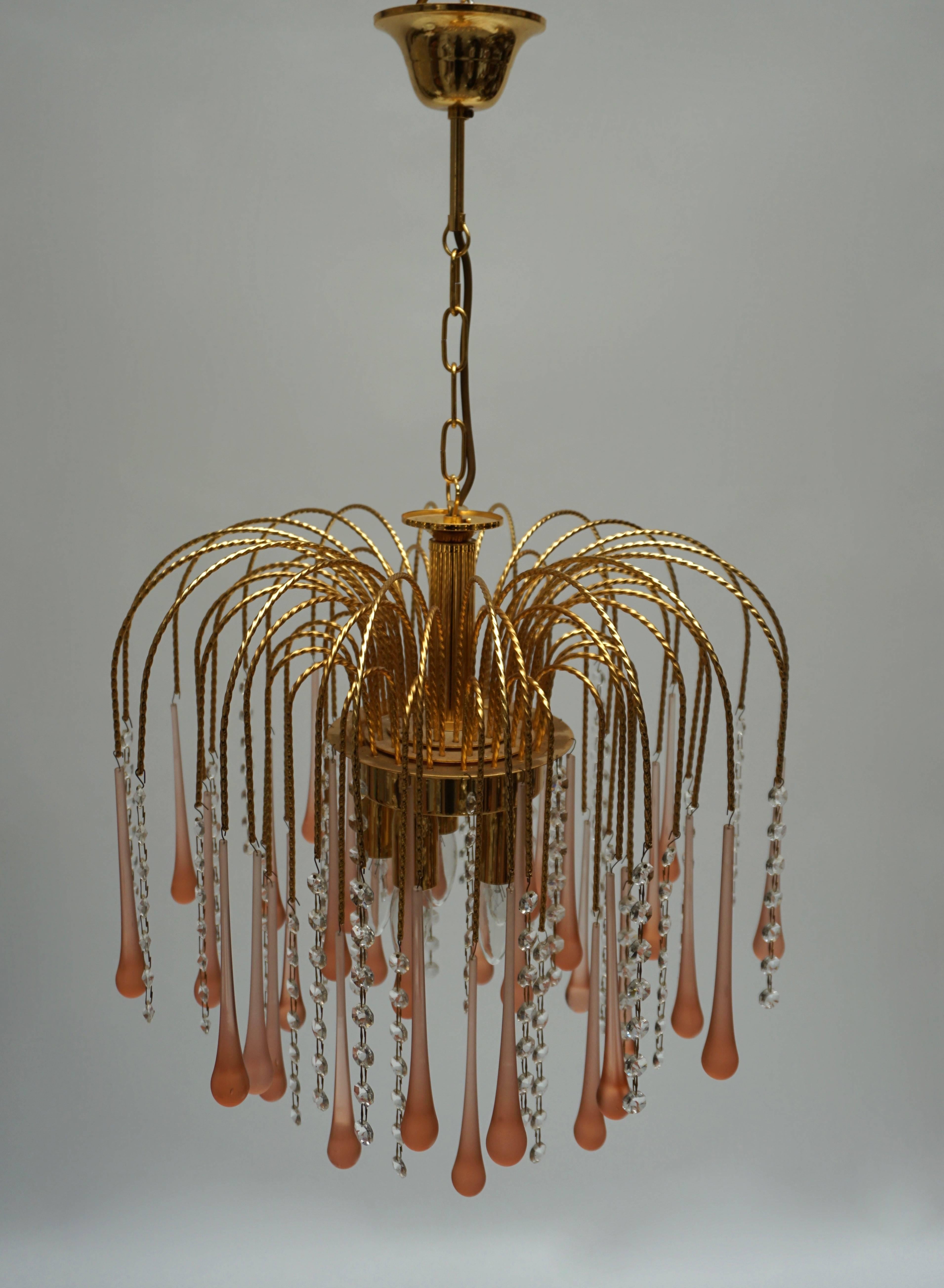 Mid-Century Modern One of Two Italian Brass and Murano Glass Teardrop Chandelier For Sale