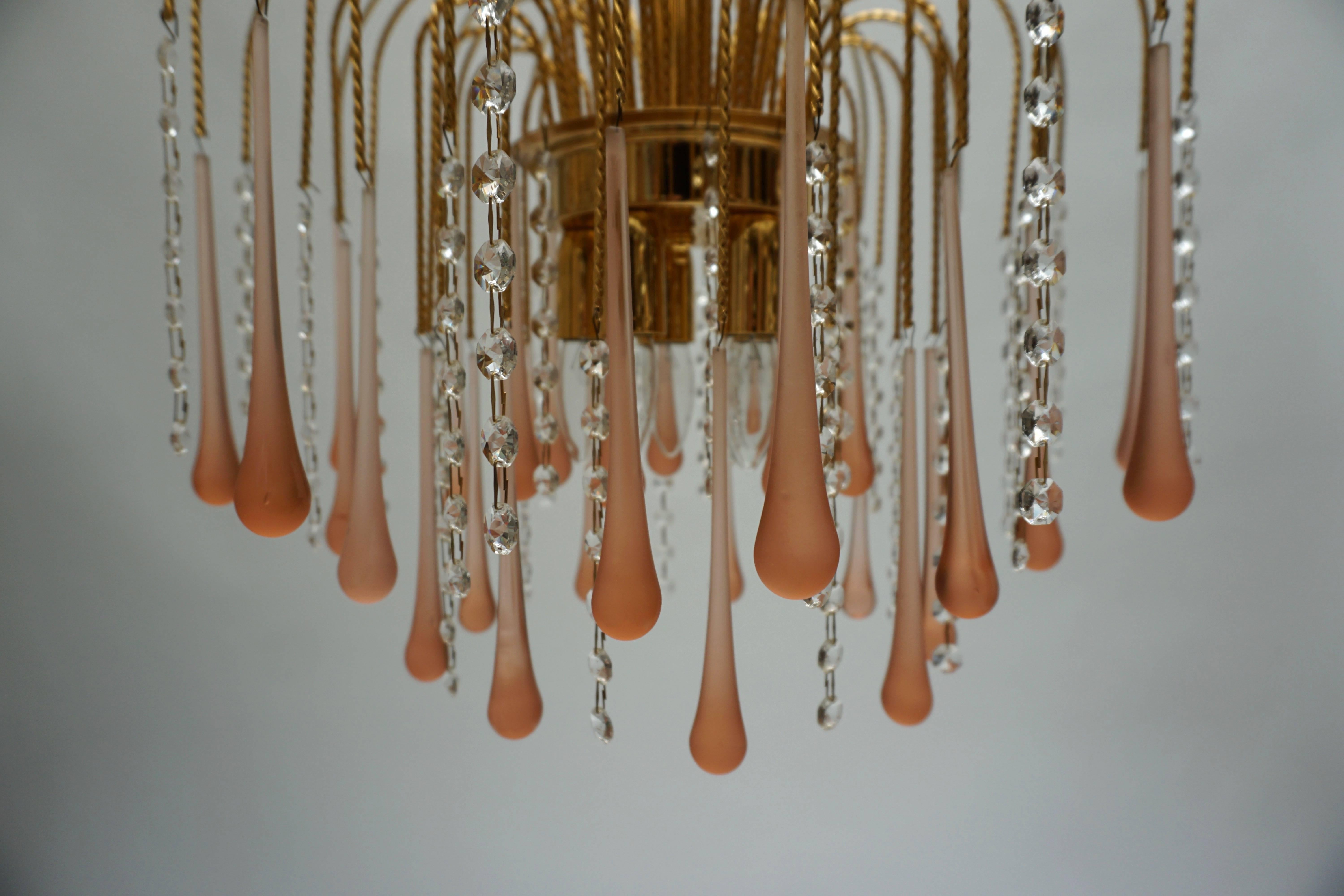 One of Two Italian Brass and Murano Glass Teardrop Chandelier For Sale 2