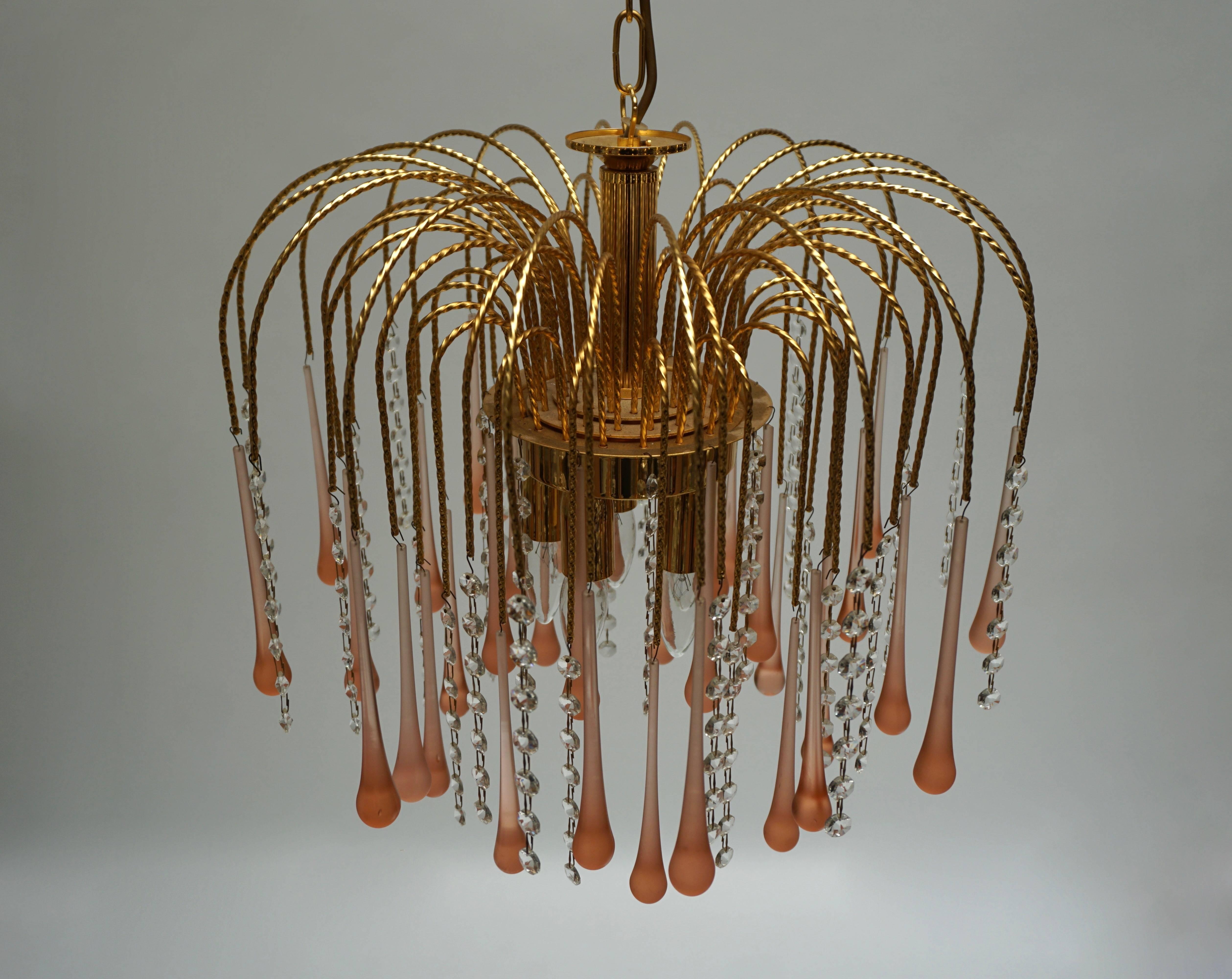 20th Century One of Two Italian Brass and Murano Glass Teardrop Chandelier For Sale