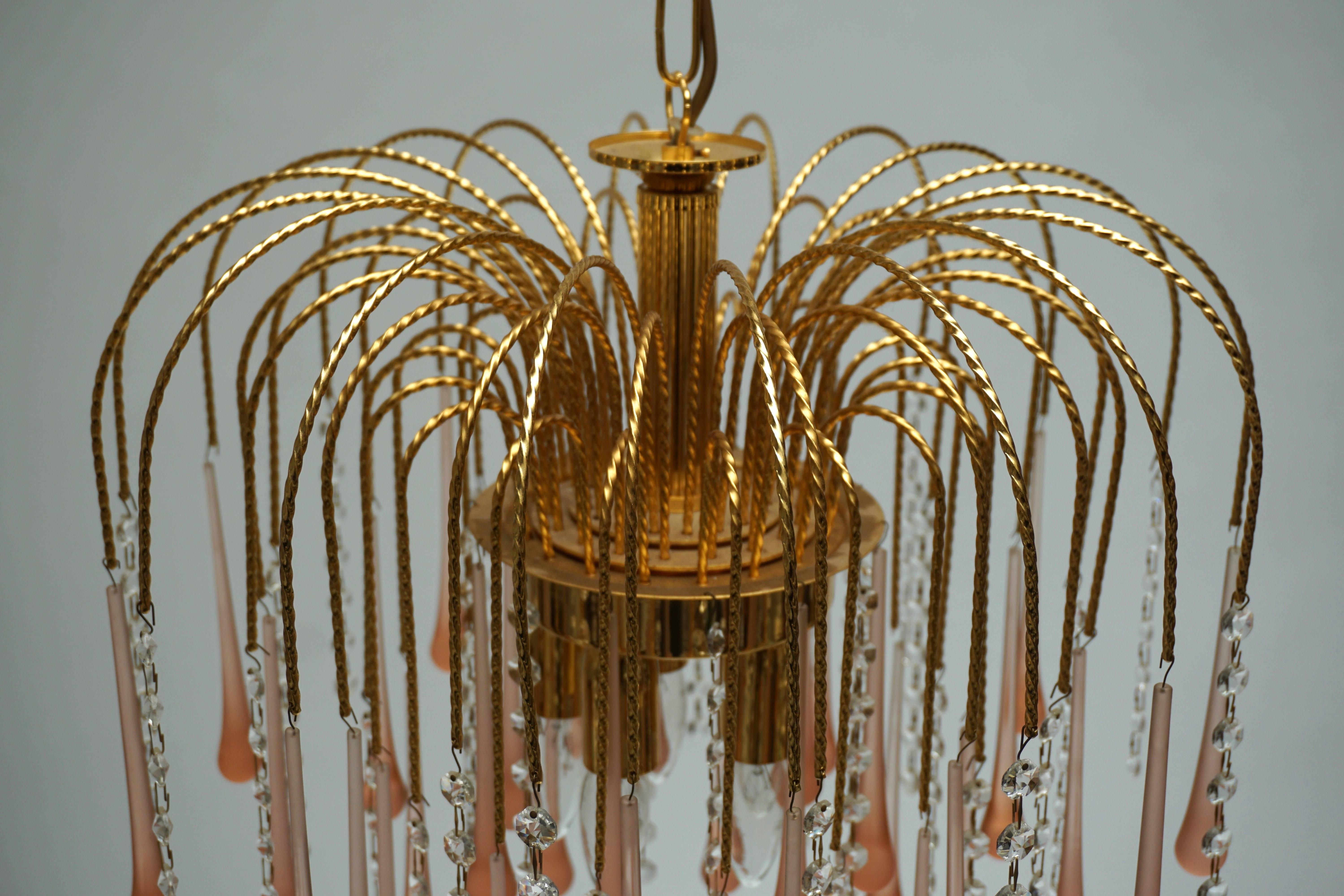 One of Two Italian Brass and Murano Glass Teardrop Chandelier For Sale 1