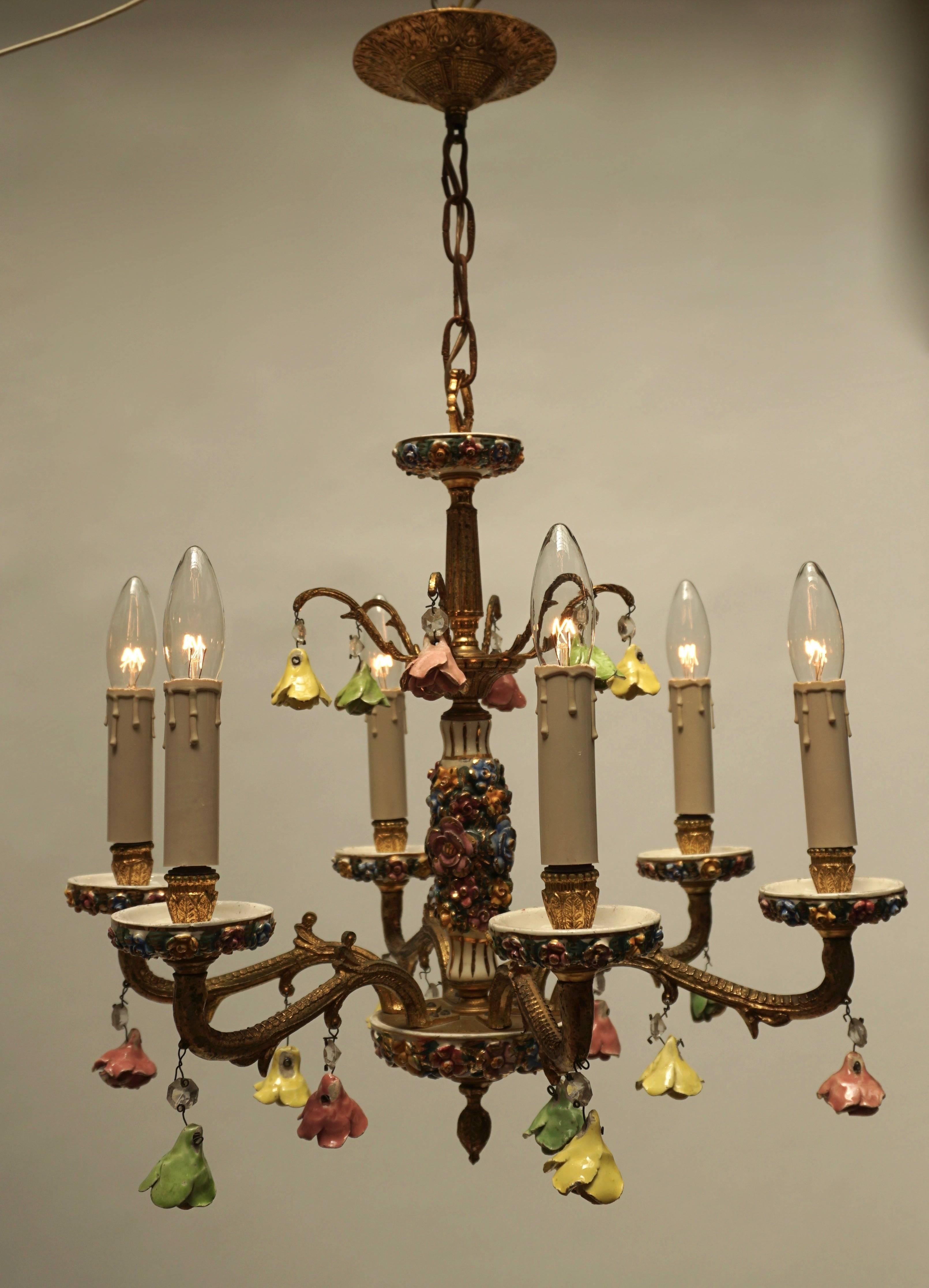 Italian Chandelier with Porcelain Flowers For Sale