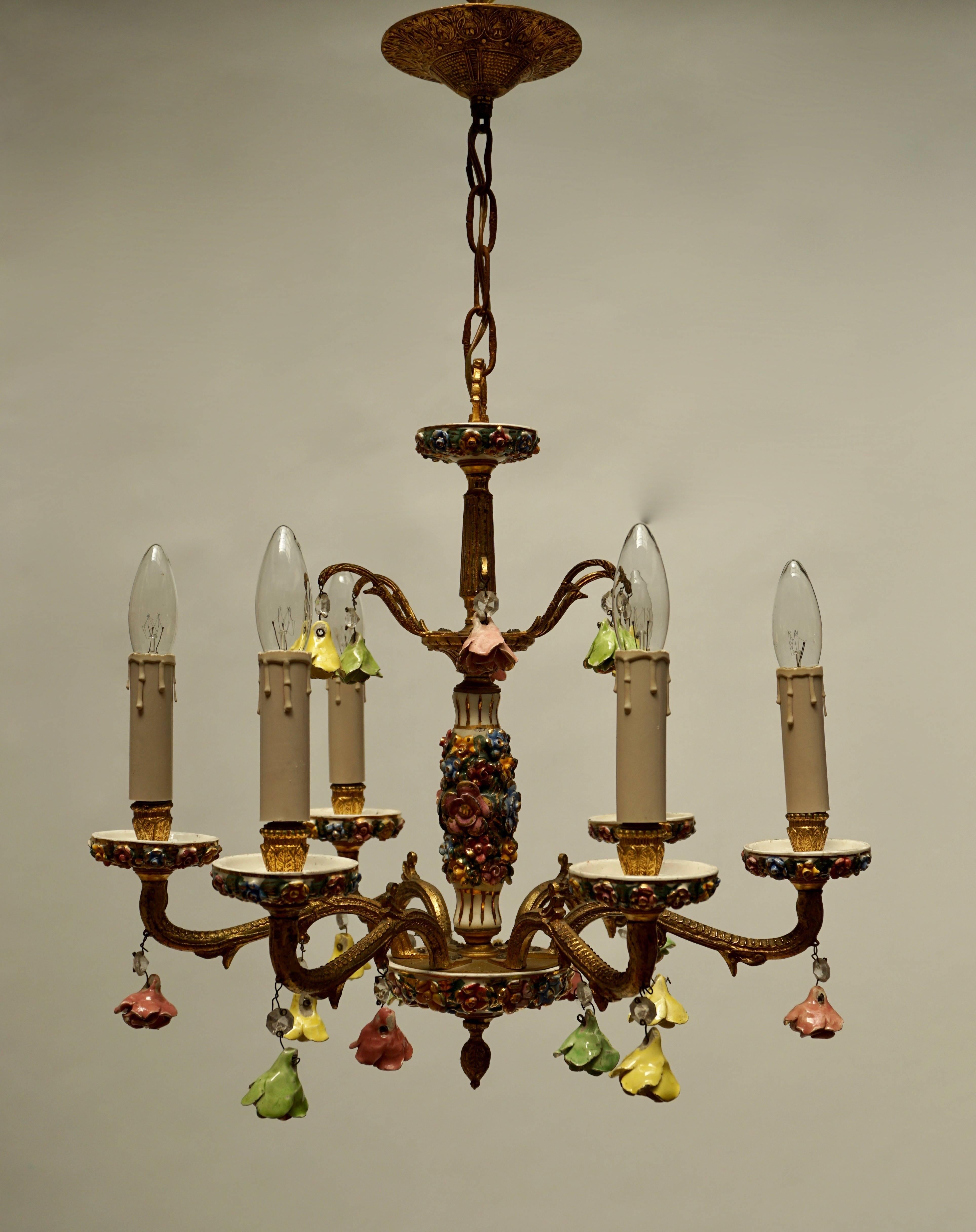Brass Chandelier with Porcelain Flowers For Sale
