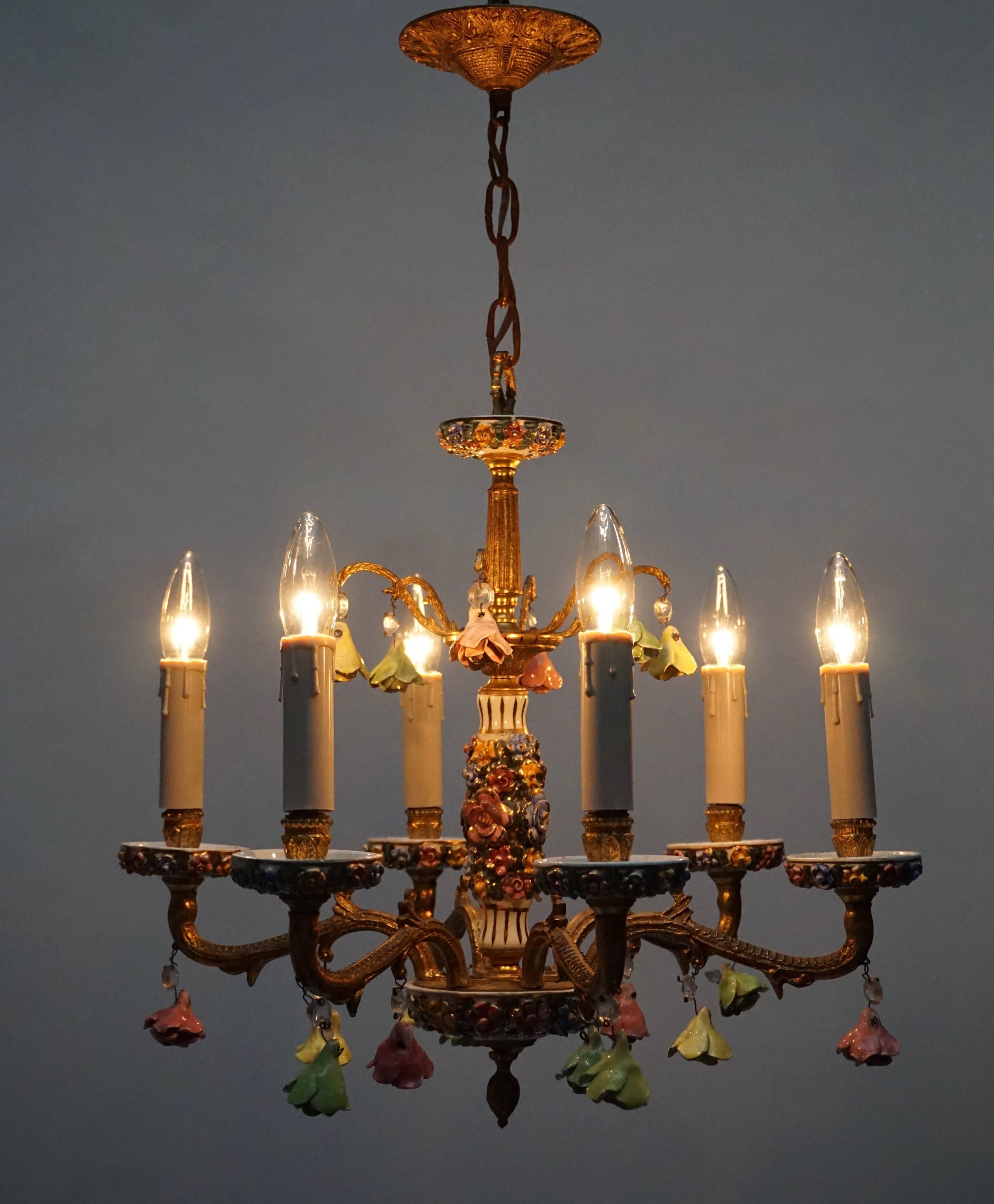Mid-Century Modern Chandelier with Porcelain Flowers For Sale
