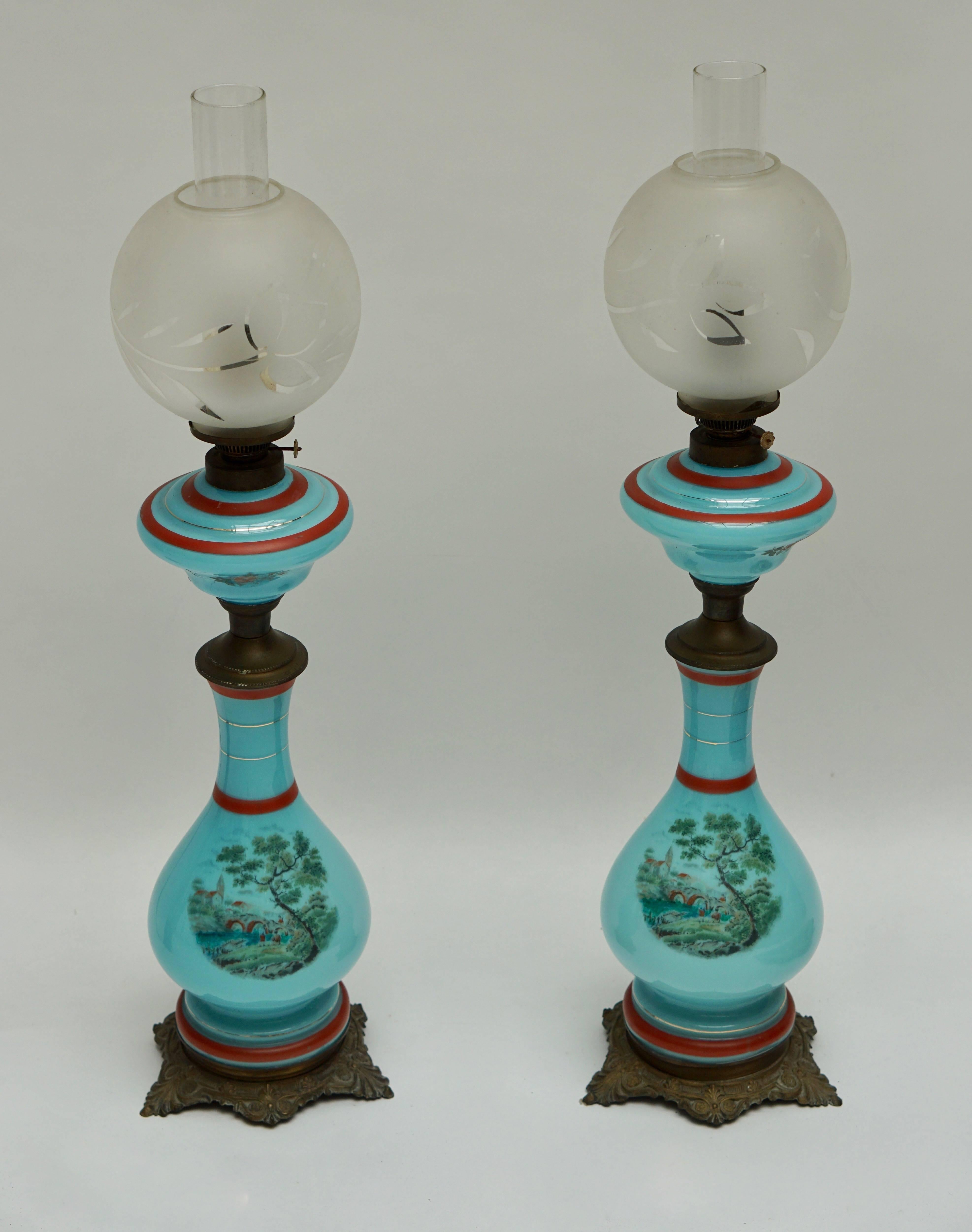 Mid-Century Modern Pair of 19th Century French Opaline Lamps For Sale