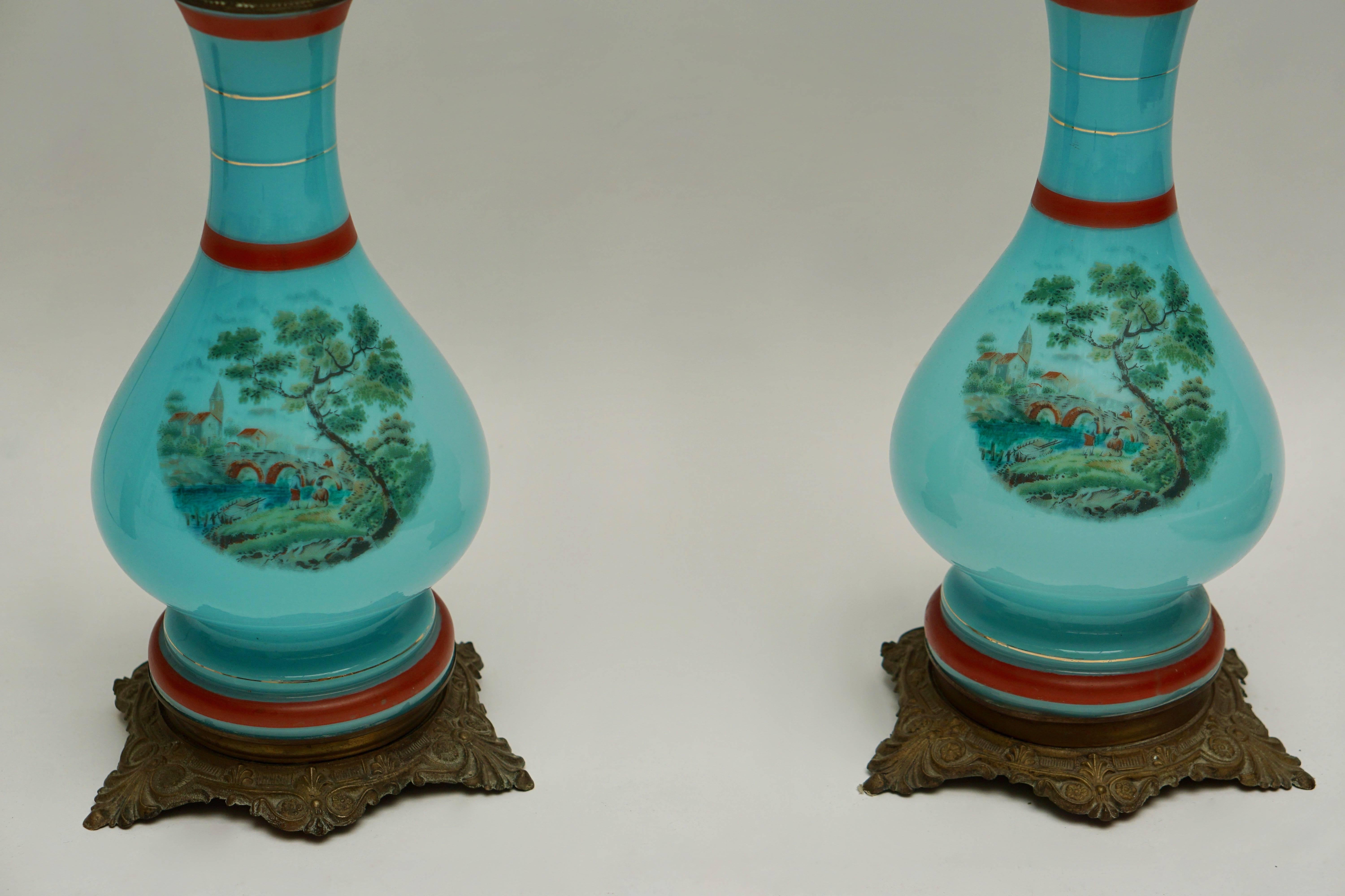 Pair of 19th Century French Opaline Lamps For Sale 2