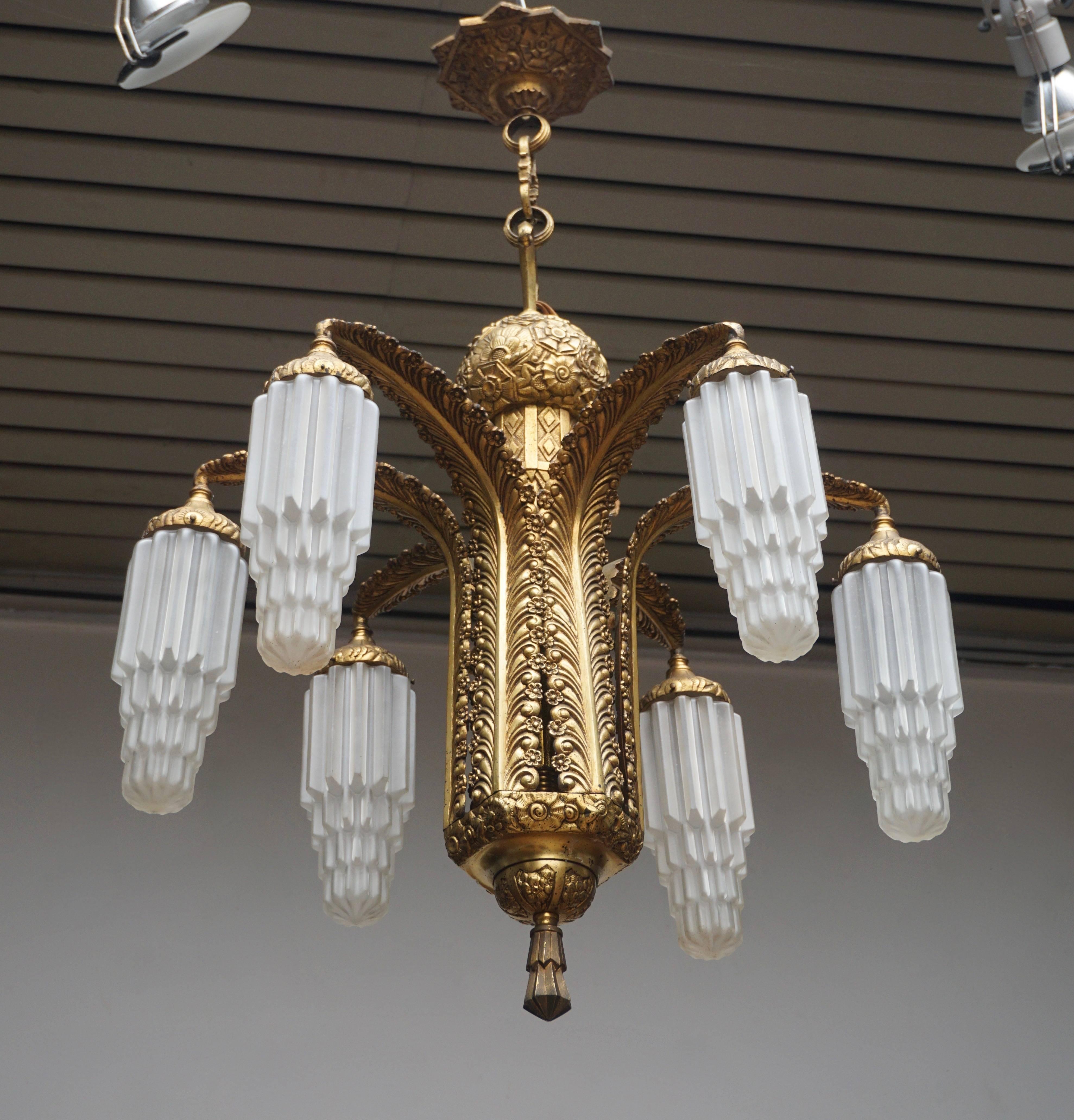 French Very Fine Art Deco Bronze and Glass Six-Light Chandelier