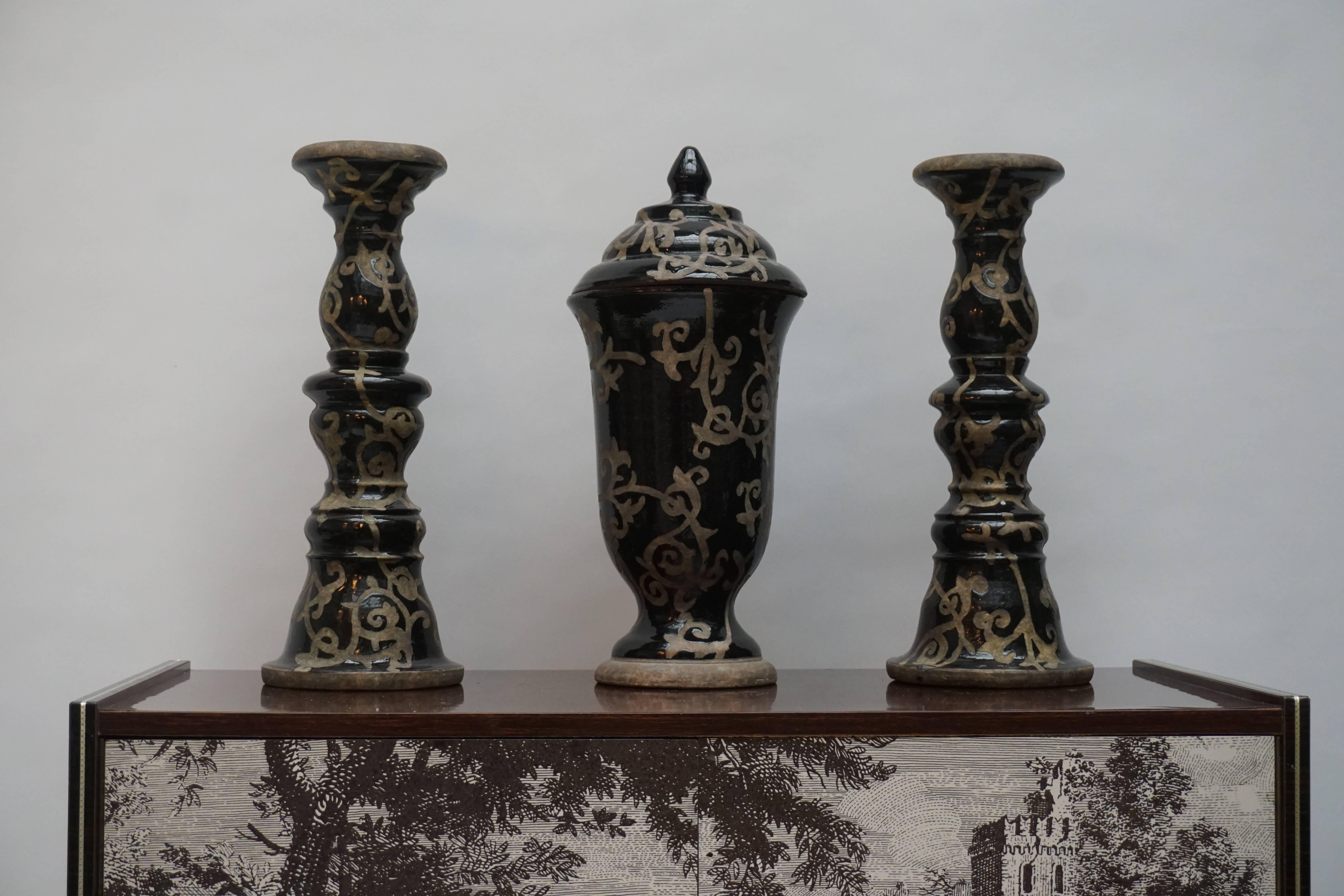 Italian Set of Two Candlesticks and a Vase