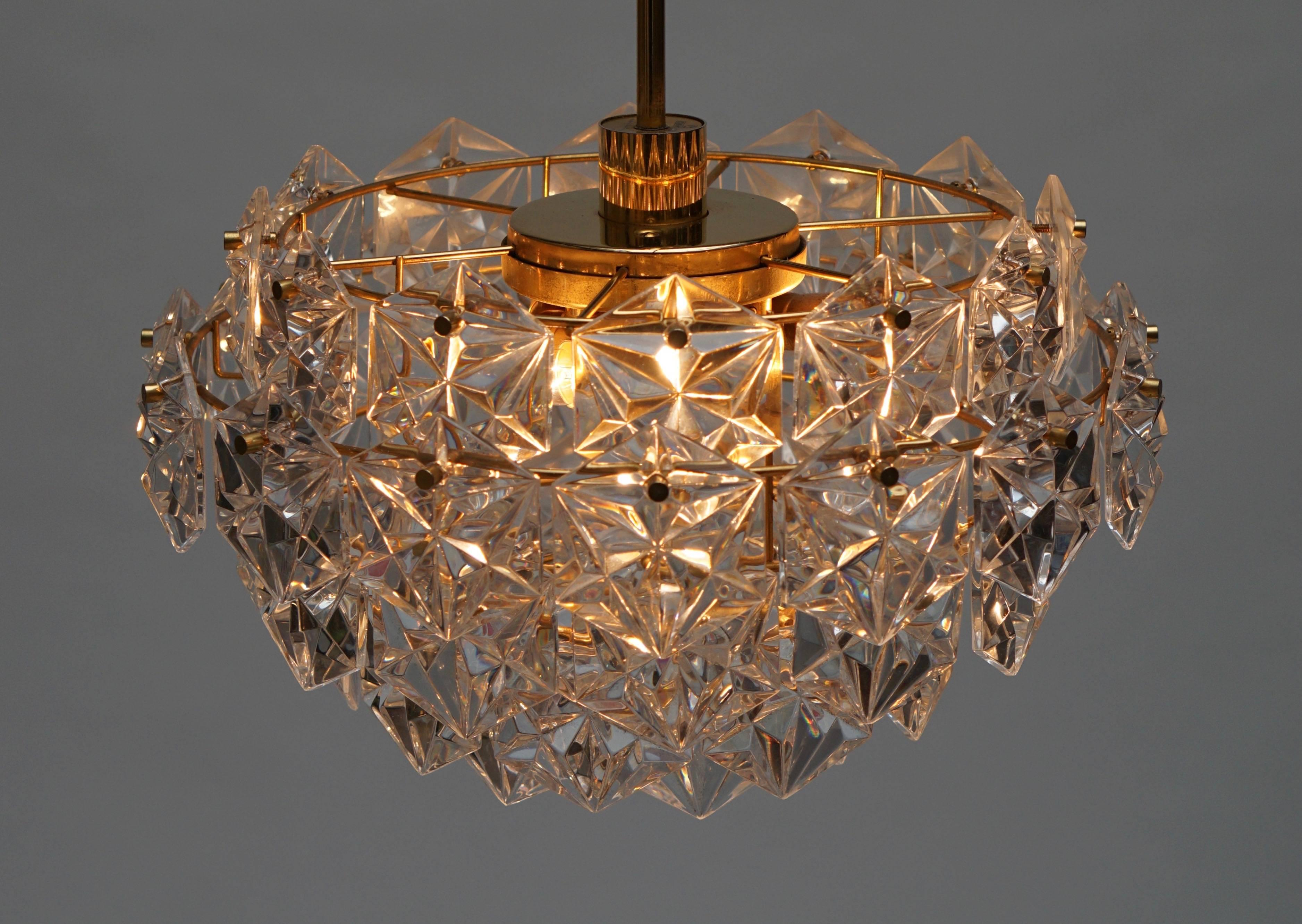 Brass Mid-Century Modern Chandelier, Gold-Plated with Molded-Crystals, Kinkeldey For Sale
