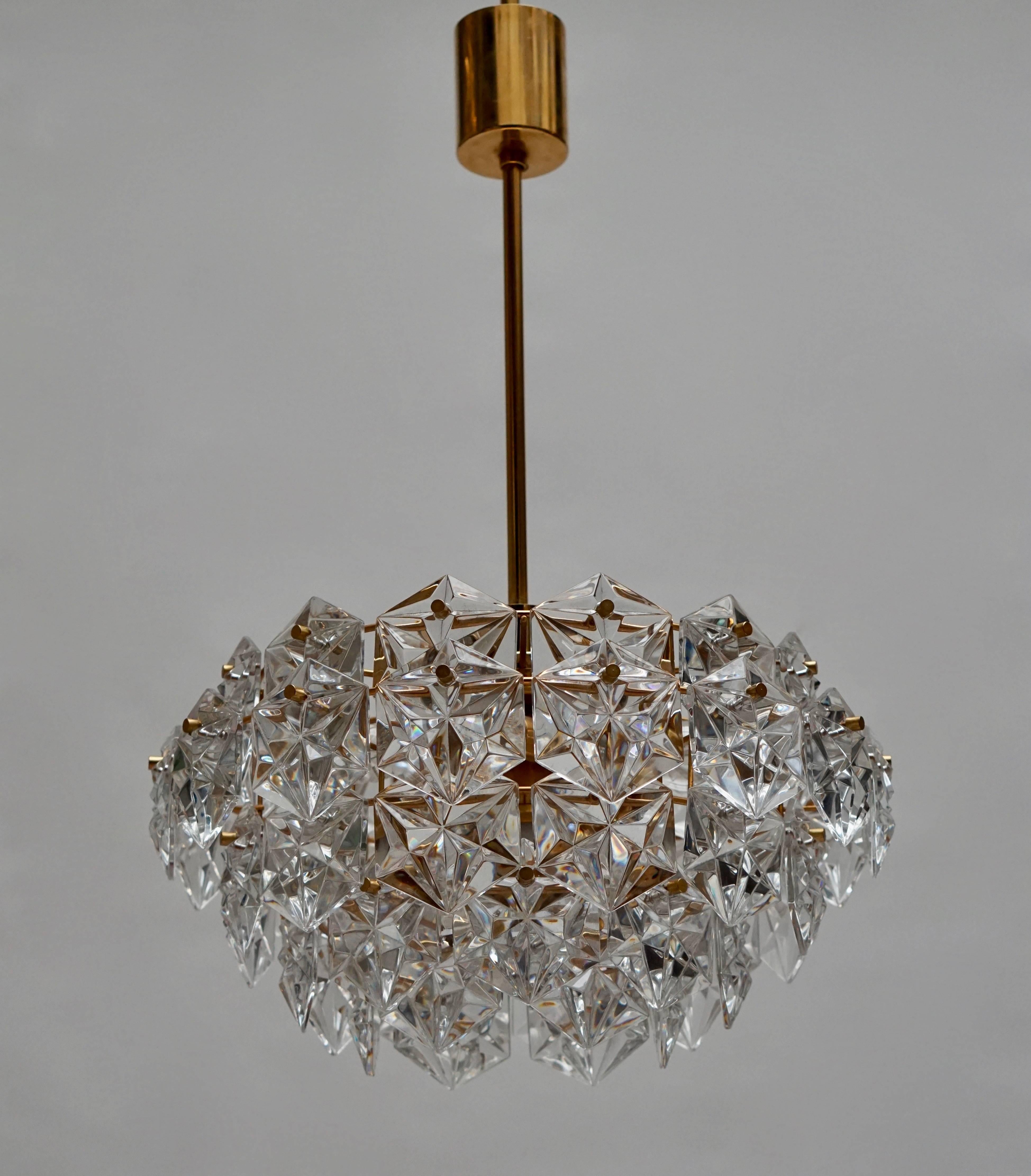 German Mid-Century Modern Chandelier, Gold-Plated with Molded-Crystals, Kinkeldey For Sale